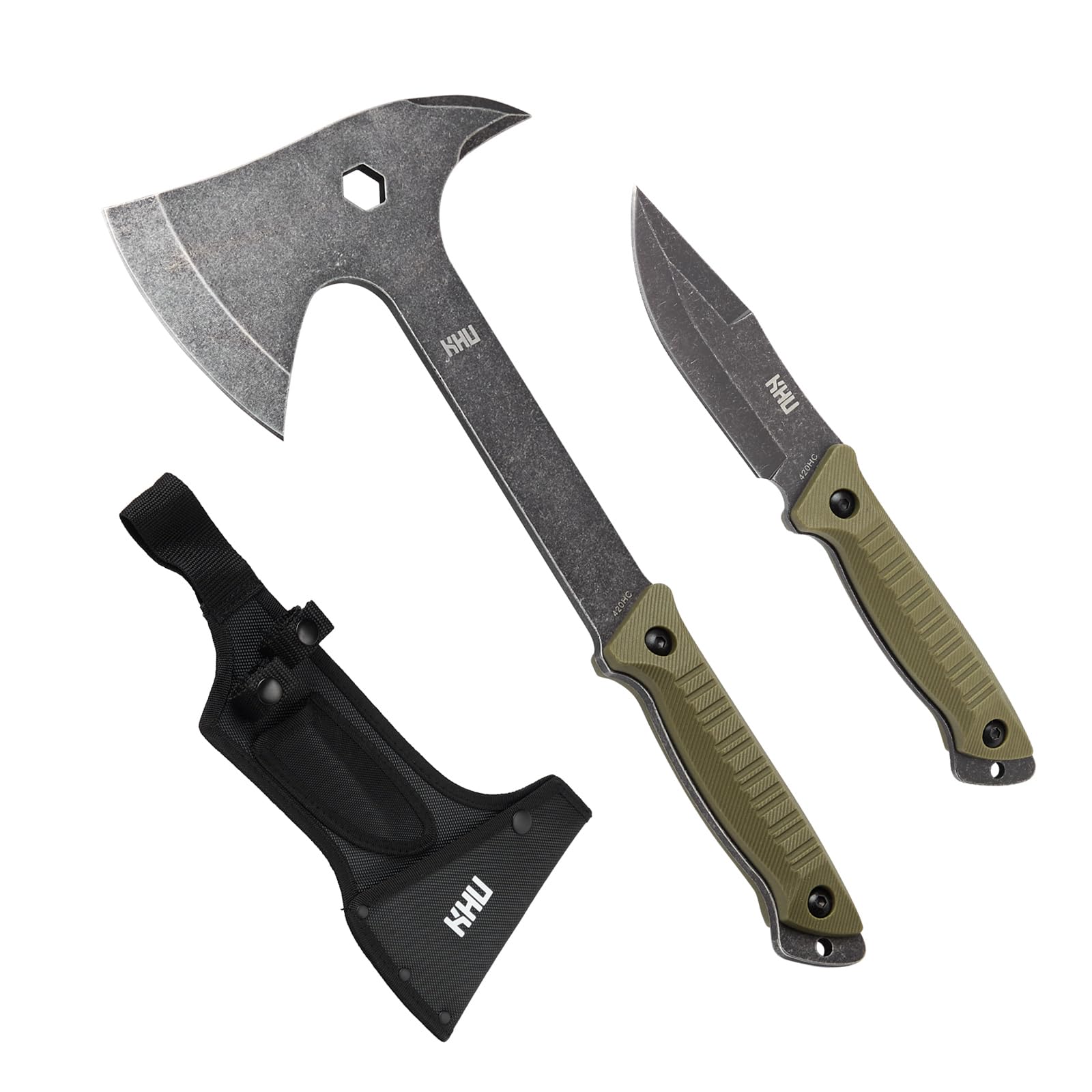 KHU 2 pcs 420HC Acero Hacha Supervivencia Cuchillo de Caza Cuchillo Hoja Fija Hacha de Camping - con Funda para Caza, Pesca, Bushcraft, Camping, Outdoor, Supervivencia y Bushcraft - 07A