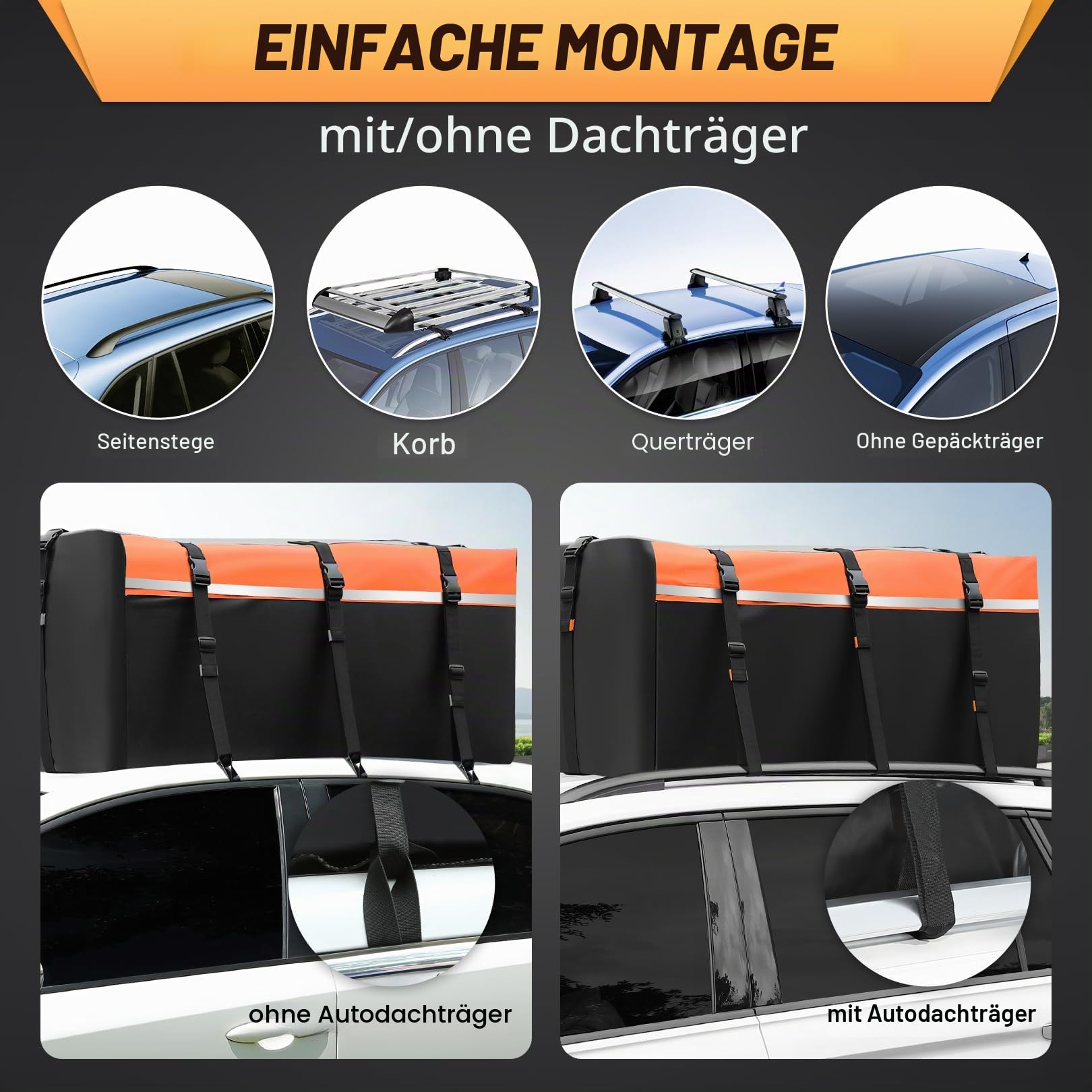 Sailnovo Dachbox Auto 21 Kubikfuß Faltbare Dachboxen inkl. Anti-Rutsch-Matte, 6 Türhaken, PVC 1000D Dachtasche für Auto mit/ohne Dachgepäckträger-Querstange, Dachgepäckbox Dachgepäcktasche(Orange)