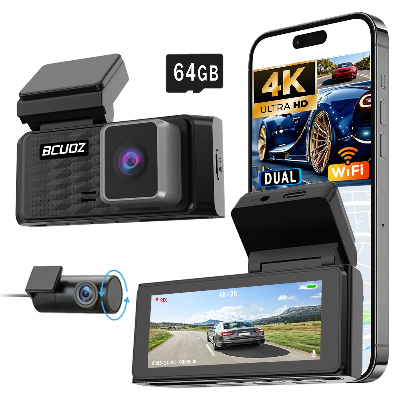 BCUOZ 4K Dual Dash Cam Front and Rear GS200 170 Wide Angle Night Vision with 3 39 IPS