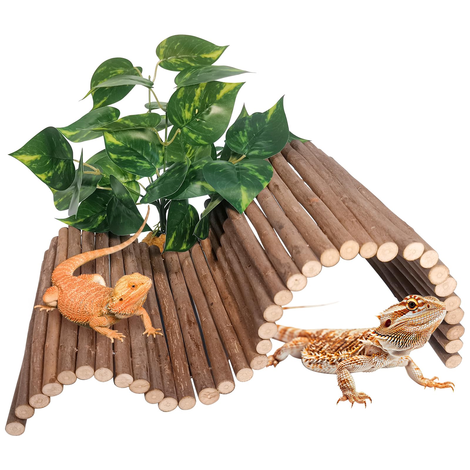 AGGQQA Reptile Hide Bearded Dragon Tank Accessories Large Climbing Wooden Bridge Hideout Tortoise Basking Platform Ramp Decor for Snake Lizard Ball Python Tortoise Leopard Gecko
