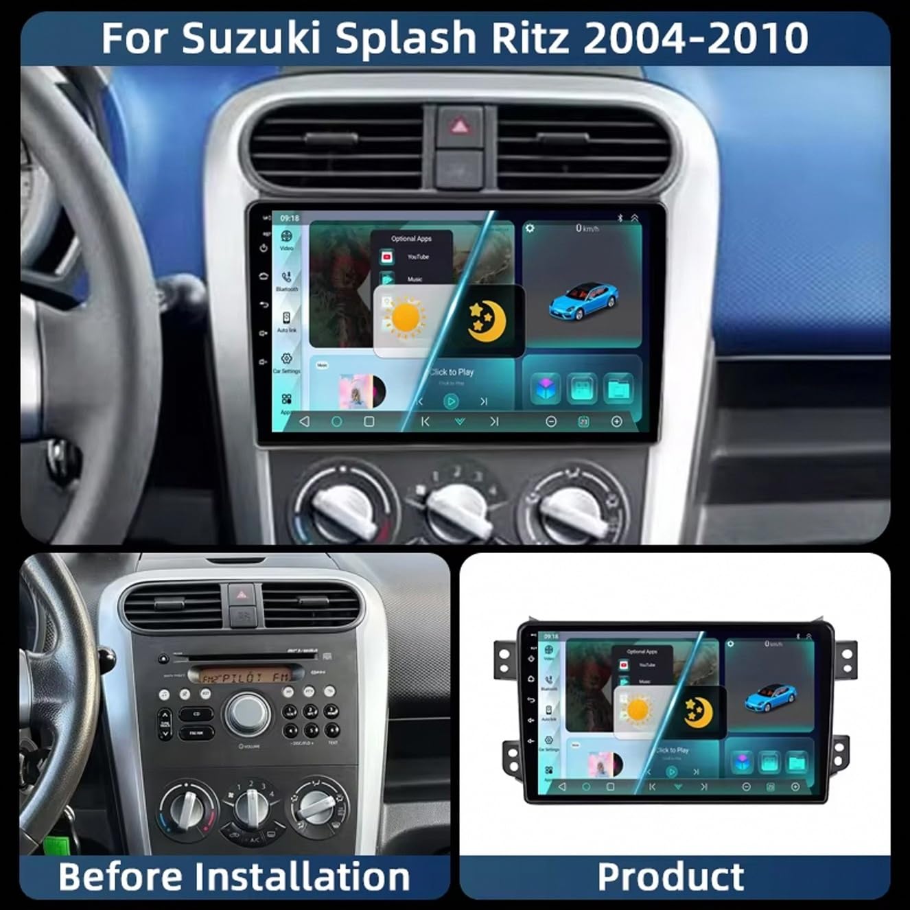 Nawigacja Gps, Radio, Nawigacja Satelitarna dla OPEL Agila SUZUKI Splash Ritz 2008-2014 Odtwarzacz Wideo Car Play Mirror Link, Siri/Airplay/Aux/Radio, Odtwarzacz, 4 Rdzeń 4G+64G