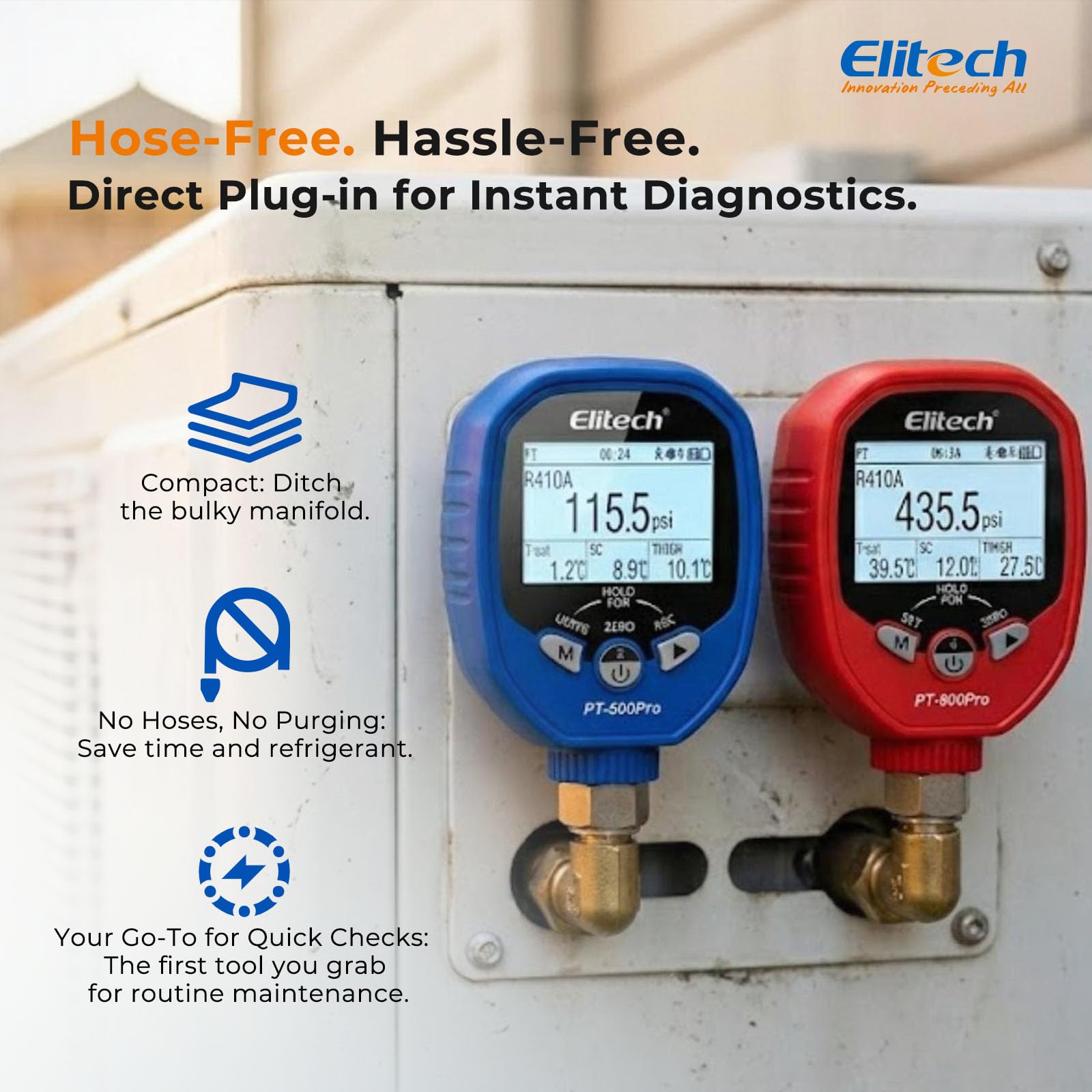 Elitech PT-500 et PT-800 Refroidissement sans fil Manomètre numérique Ensemble de manomètres CVC A/C Manomètre de température avec clip de test de température amovible 1/8 '' NPT