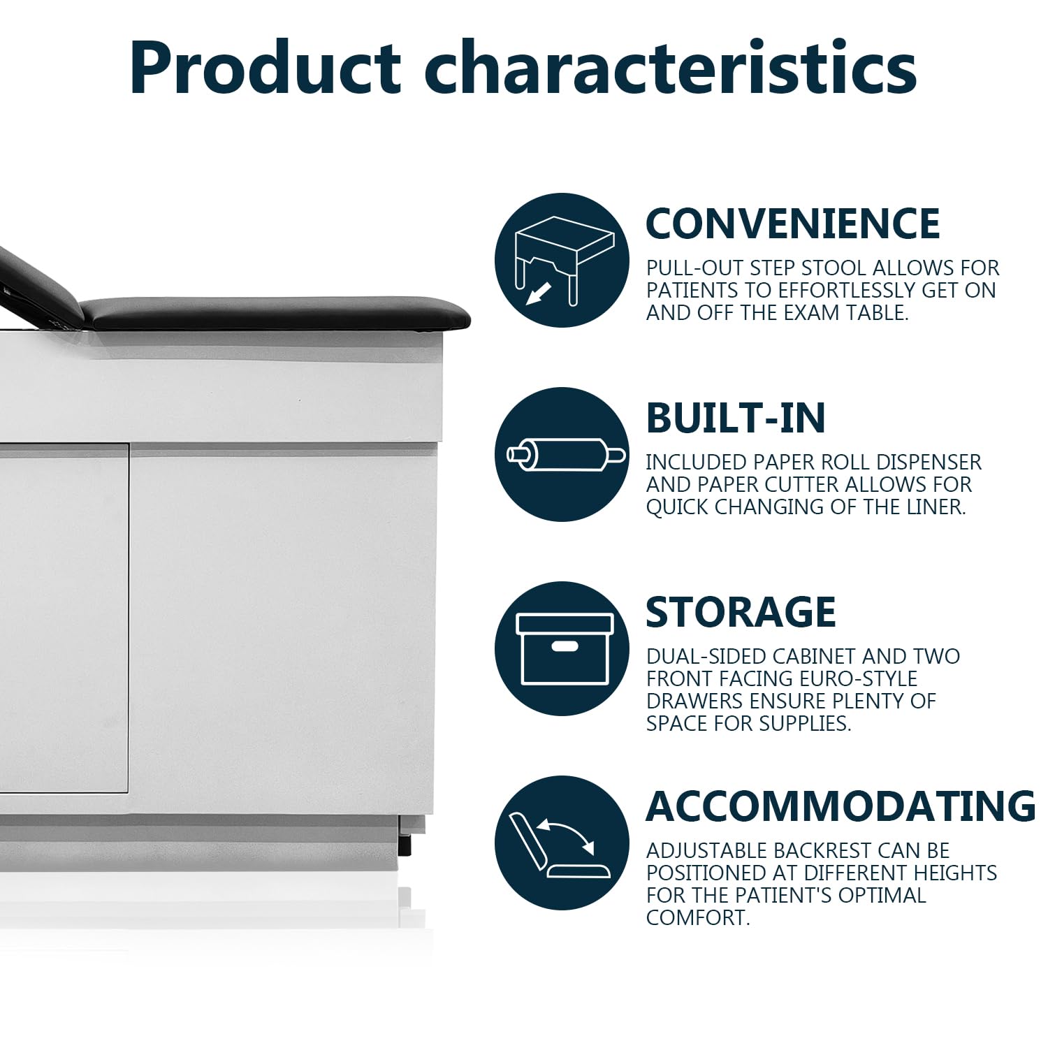 VEICAR Medical Exam Table, Adjustable Exam Bed with Step Stool, Steel Cabinet, Stirrups & Paper Dispenser Included - Black, 72
