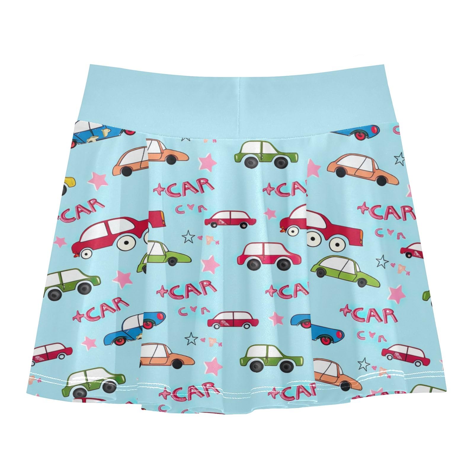 CHIFIGNO Cute Cartoon Cars Light Blue Girls' Tennis Skirt with Shorts Pleated Athletic Skorts Workout Golf Skirts Size 11-12