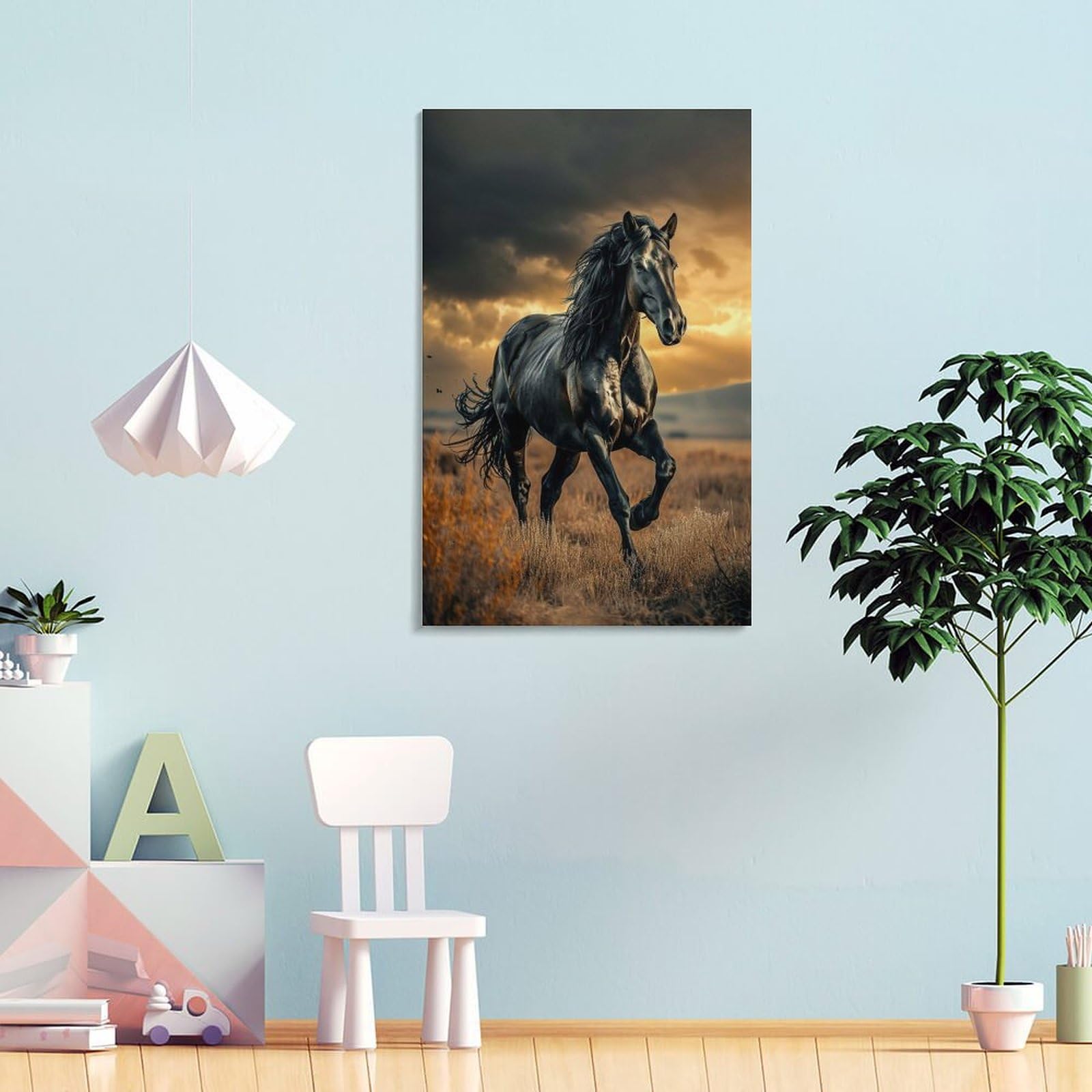 Amazon.co.jp: 絵画 黒い馬が草原を疾走するインテリア 絵画 動物