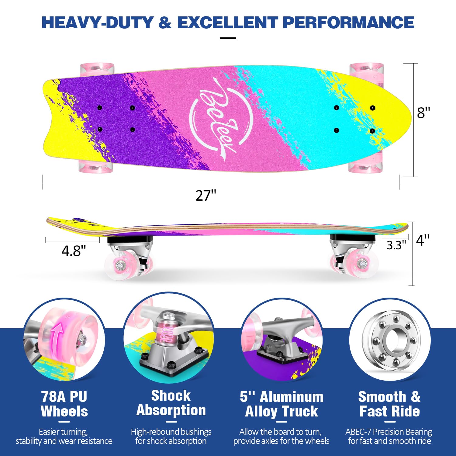BELEEV Cruiser Skateboards para Principiantes, monopatín Completo de 27 x 8 Pulgadas para niños, Adolescentes y Adultos con Ruedas LED, 7 Capas de Arce Canadiense Doble Patada cóncava con Herramienta
