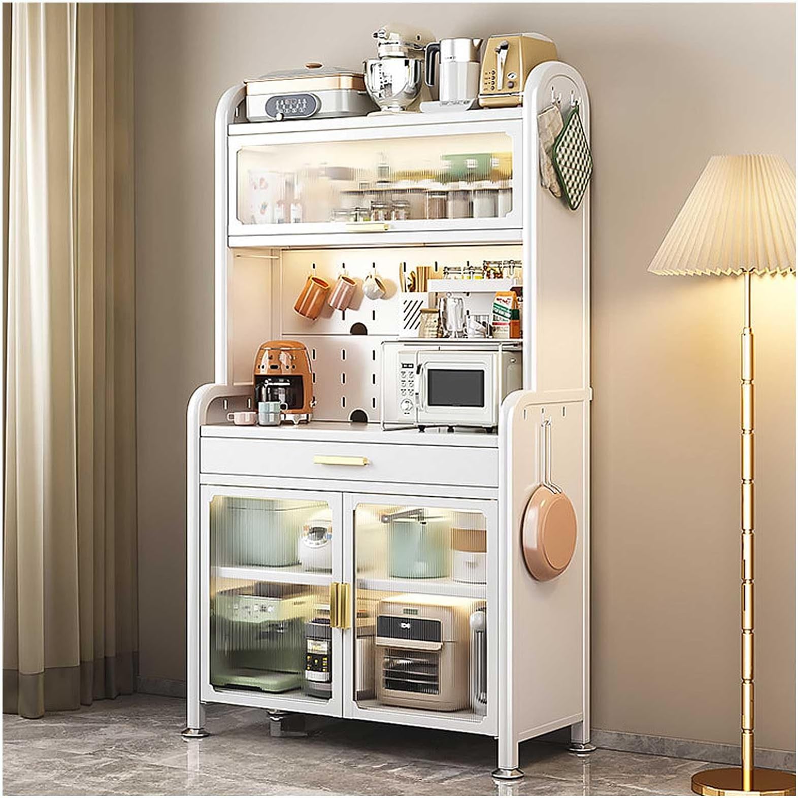 White Kitchen Bakers Rack with Drawer and Double Doors 5 Tiers Storage Cabinets Adjustable Shelf for Home Office Pantry Garage 70×27.5in