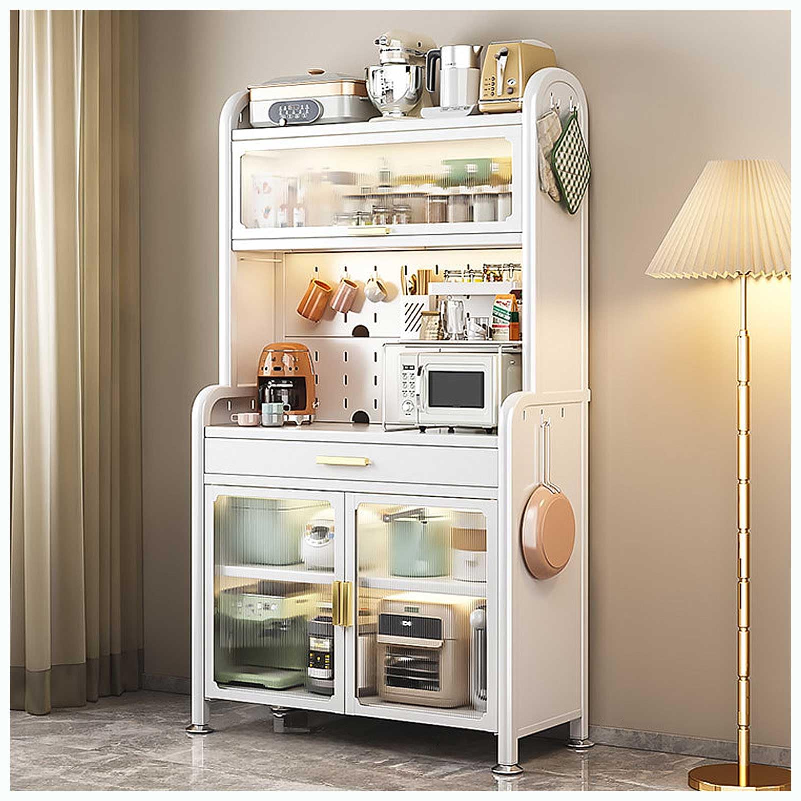 Scaffale Bianco a 5 Ripiani con cassetto e ripiano Regolabile, mobiletto portaoggetti da Cucina per Forno a microonde, scaffale portaoggetti di Grande capacità per la Cuc