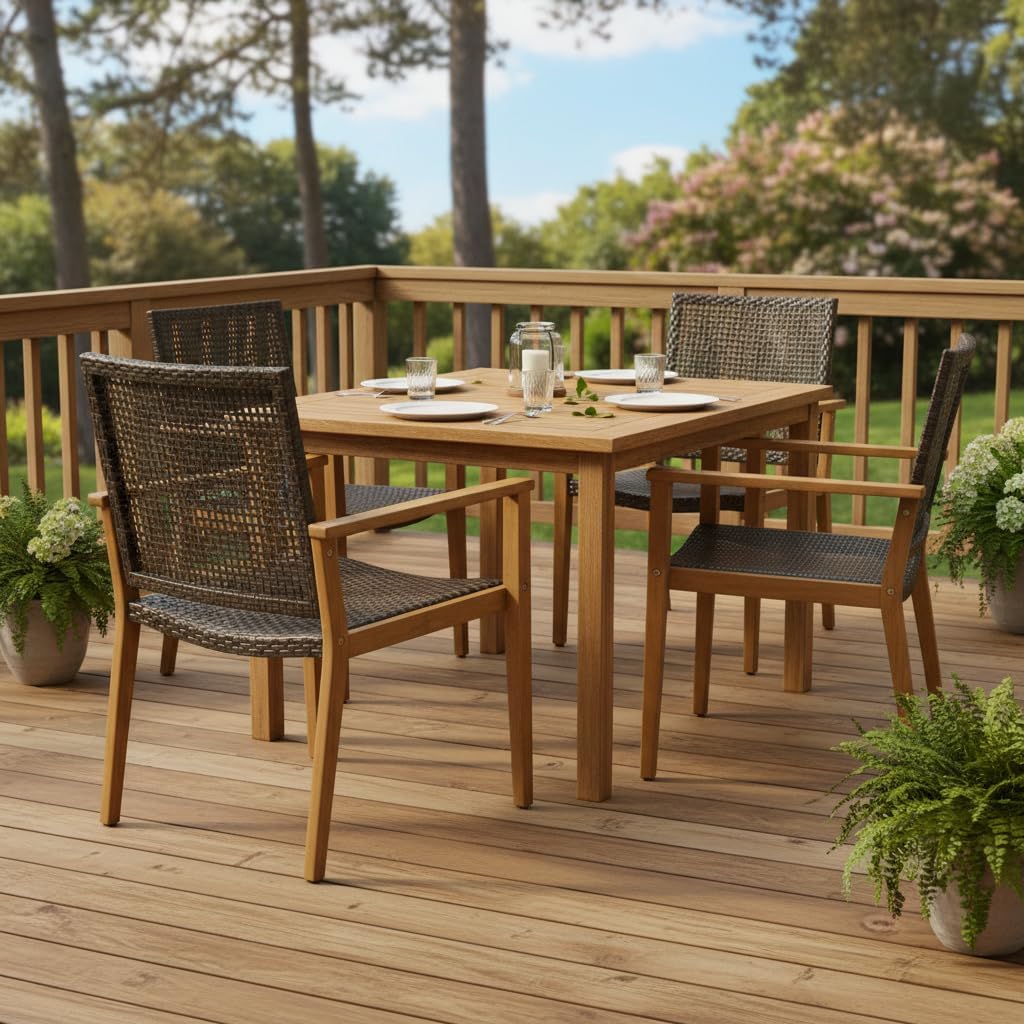 Tangkula Patio Dining Chairs Set of 4, Outdoor Acacia Wood & PE Wicker Chairs with Armrests, Outdoor Rattan Armchairs for Garden, Backyard, Poolside, Balcony