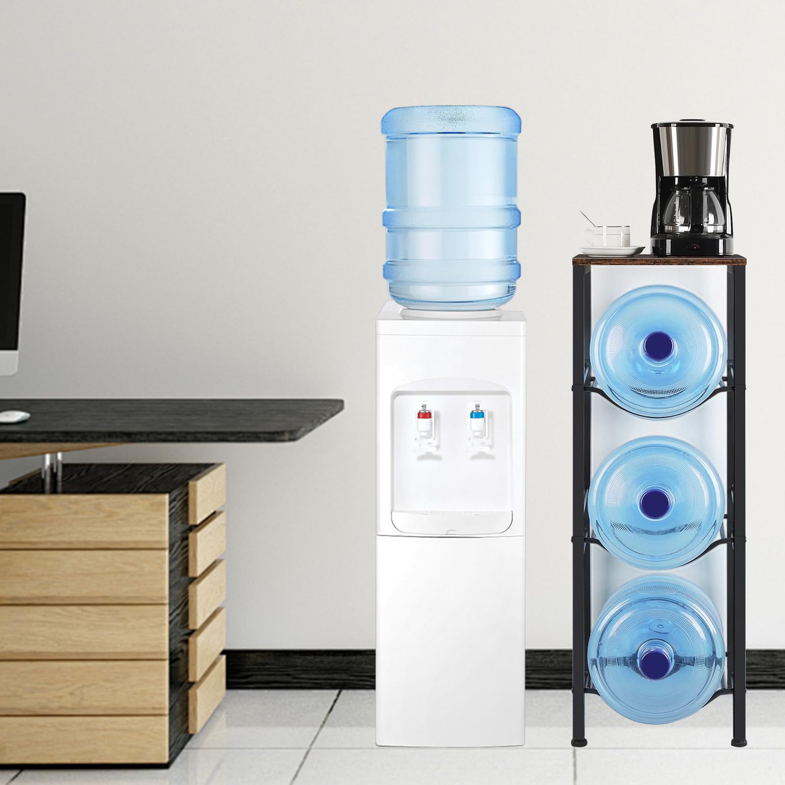 Soporte para jarra de agua, 3 pisos, 5 galones con tabla, enfriador de agua, estante de oficina, estante de almacenamiento de agua, extraíble, para cocina, oficina, sala de estar