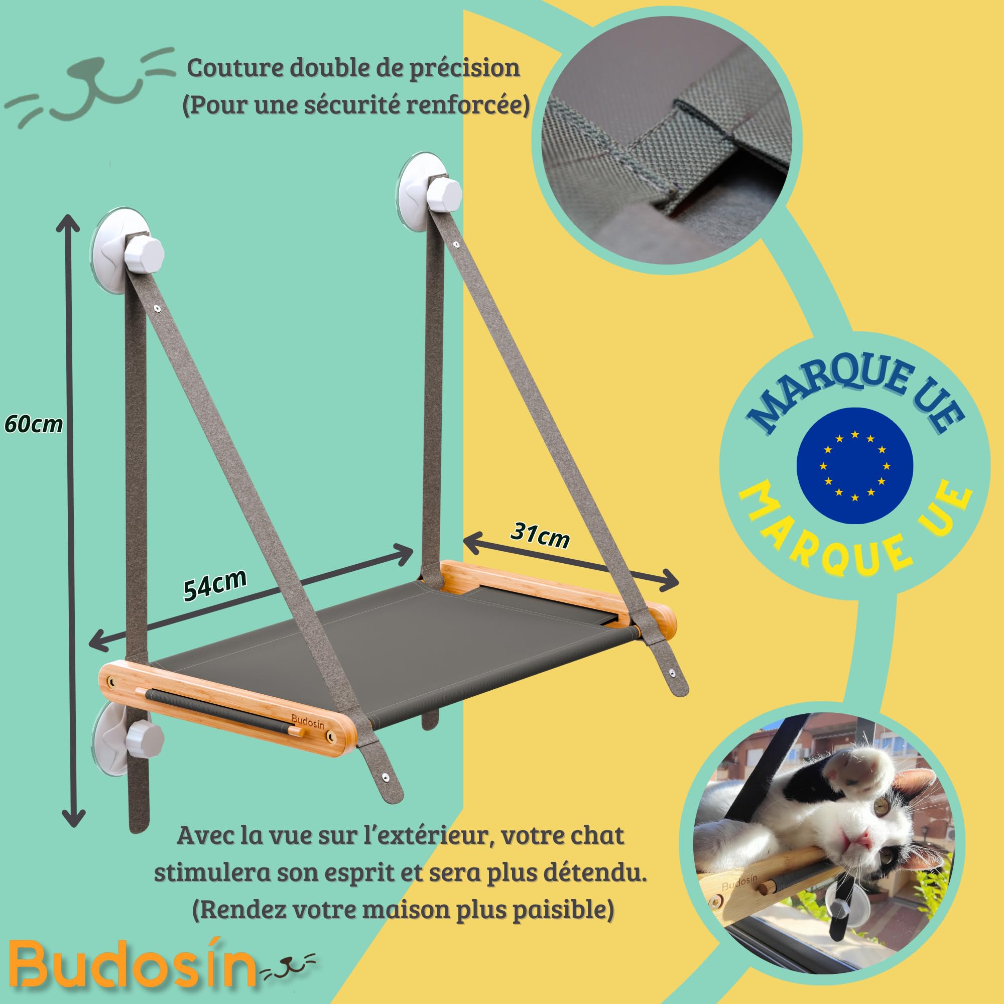 Hamac Chat fenêtre en Bambou Massif – 5 ventouses 3.0 Ultra résistantes – Hamac pour Chat avec Tissu Oxford Respirant – Installation Facile (Manuel Inclus) – Hamac Letvan de Budosín