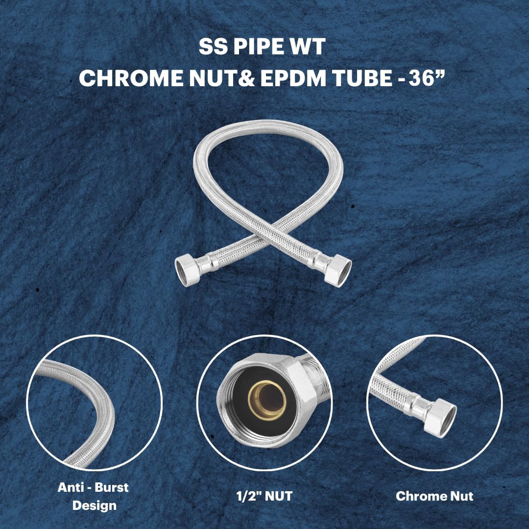 SS 304 Stainless Steel Geyser Connection Pipe Set 3 Feet, 36 Inchs | Flexible Hot & Cold Water Geyser Pipes | Heavy Duty Tap & Washbasin Connection Pipe | Leak Proof Bathroom Water Hose (Pack of 6) 1