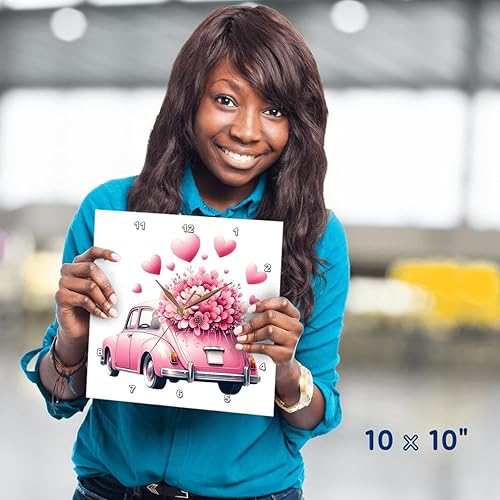 Miniatura 4 de 3dRose, Pink Vintage Sedan with Flowers and Hearts Illustration, 10x10 Wall Clock