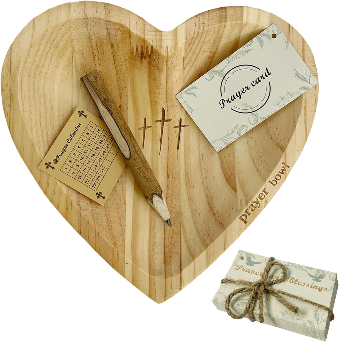 Heart Prayer Bowl with 30 Cards, Meaningful Gift for Friend, Handcrafted Wooden Bowl with Cross, Christian Decor, Religious Gift for Women, Mom, Dad, Daughter, or Husband, Perfect for Easter