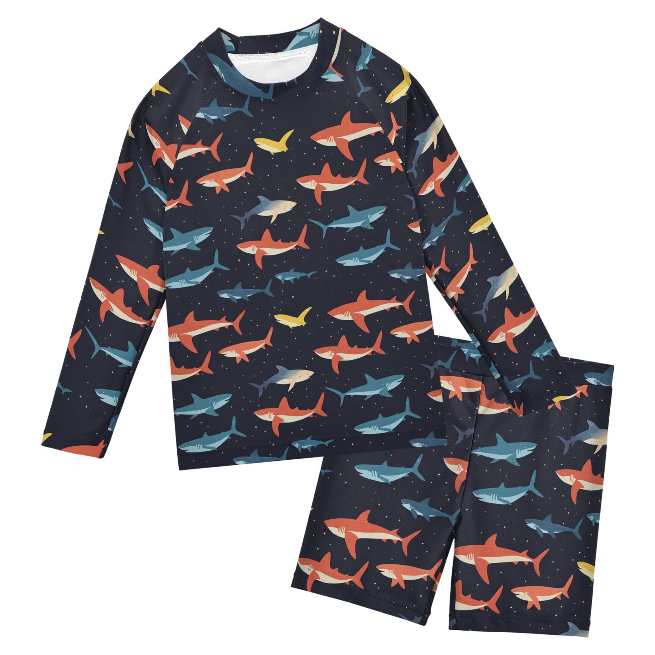 Cute Shark Boys Rash Guard Swimsuits Set for Boys Long Sleeve Swim Shirts Bathing Suits with Trunks B0404972