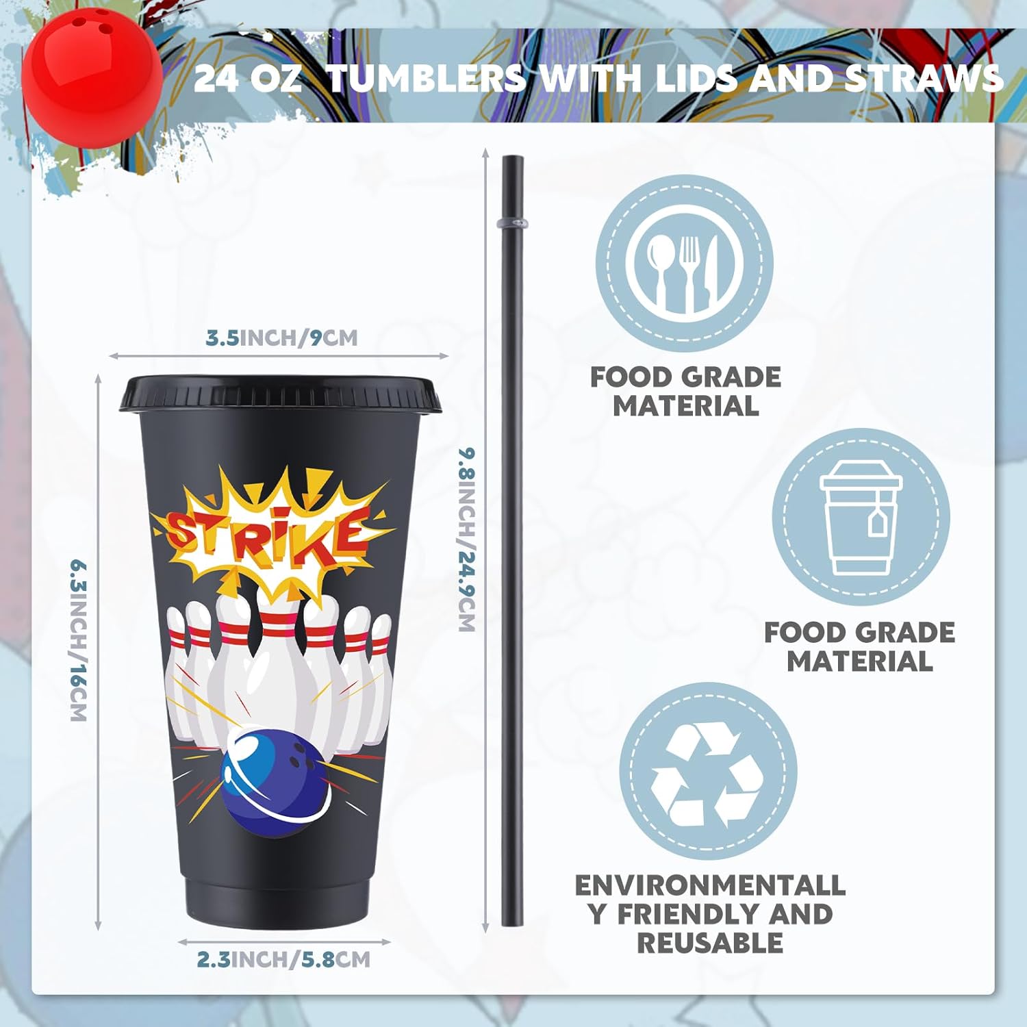 24 Pcs Bowling Birthday Plastic Cups - 24 oz Tumbler With Lids and Straws for Team Party Supplies, Sports Events, Favor Gifts - Image 2