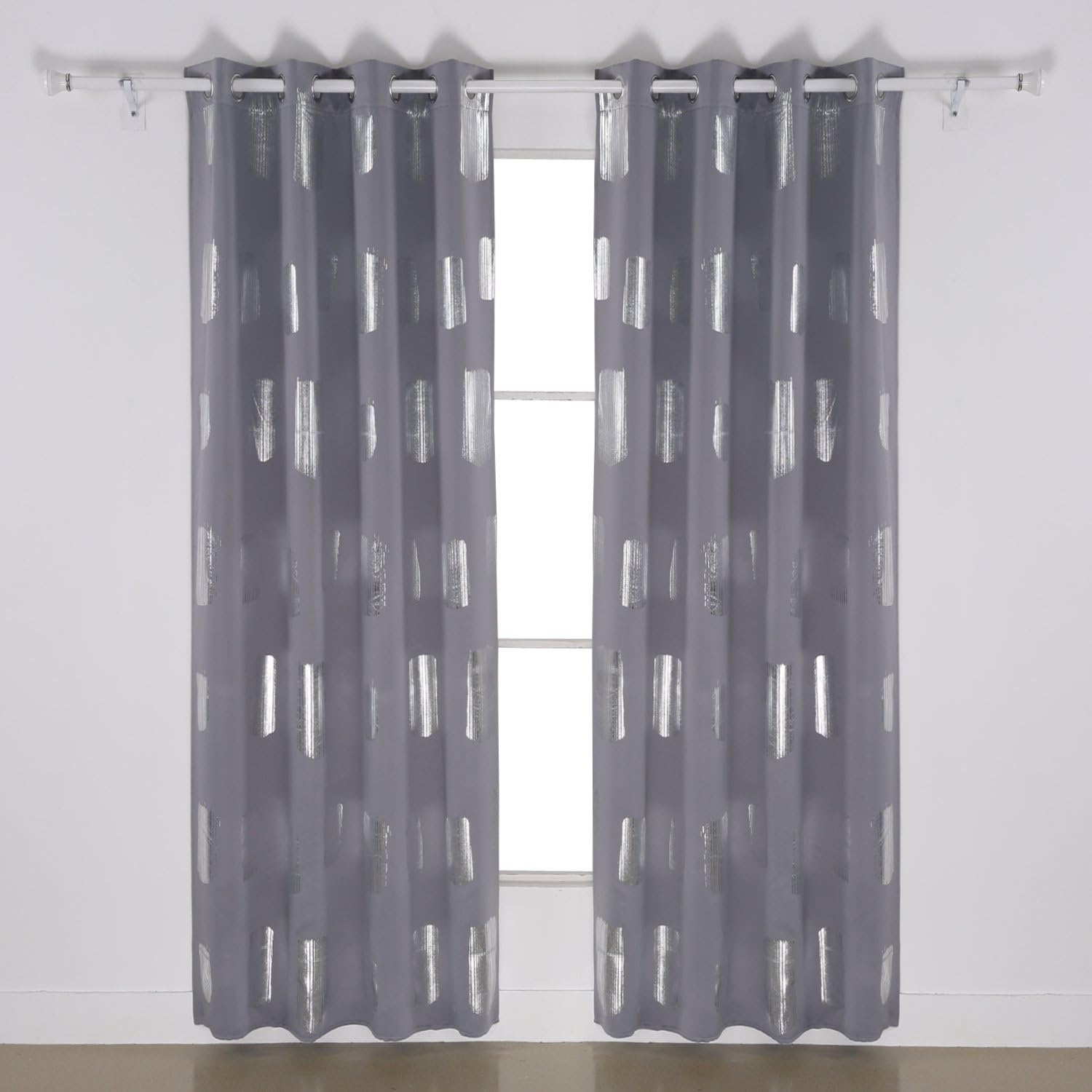 Deconovo Oblong Pattern Shimmering Foil Printed Thermal Insulated Grommet Blackout Panels Window Curtains for Kitchen 52W x 84L 1 Pair Light Grey
