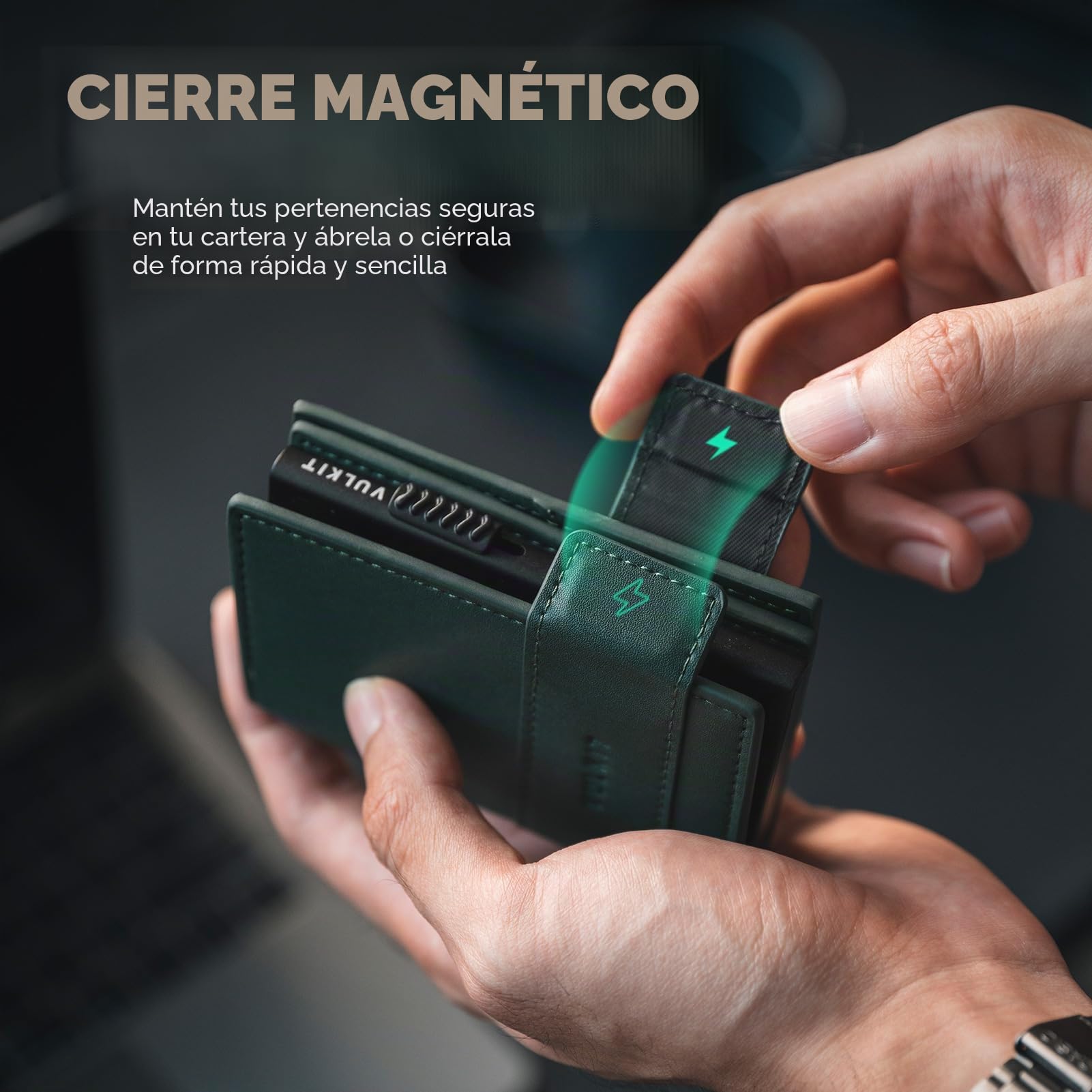 VULKIT Tarjetero Plegable de Piel Cartera para Hombre, Tarjetero de Metal con Bloqueo RFID, para 9 Tarjetas y Billetes, con Ventana para Ranura para Tarjeta de ID y Bolsillo para Moned