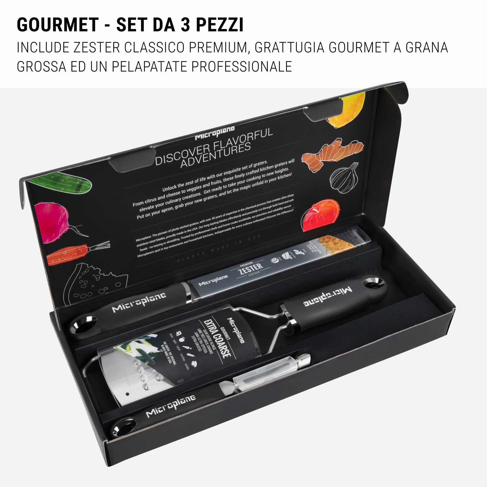 Set regalo Microplane Gourmet 3 pezzi - zester Premium Classic, grattugia ultra-spessa e pelapatate professionale - lame ultra-affilate (USA), manici soft-touch - utensili da cucina ergonomici