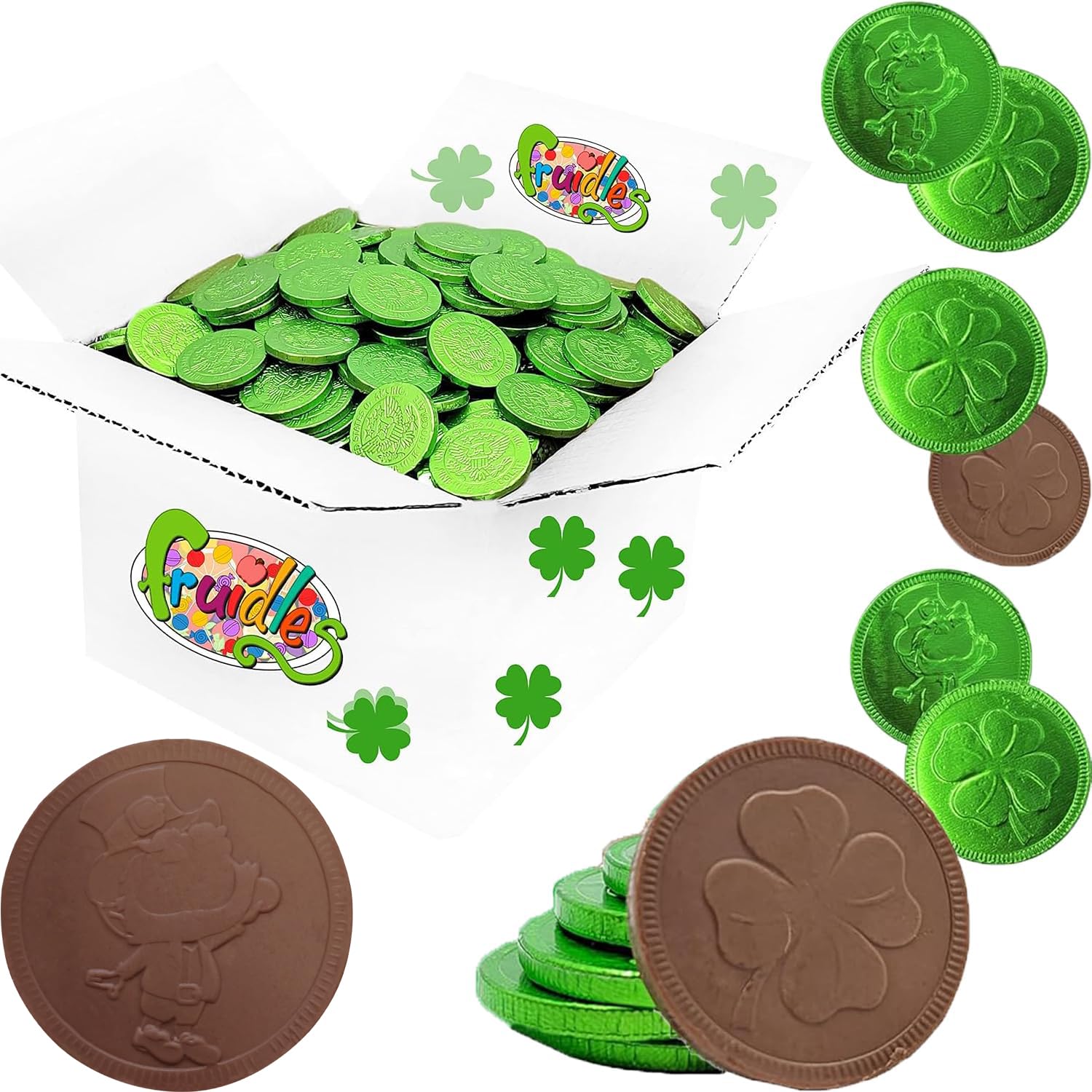 Fruidles Saint Patrick's Day Clover Shamrock Leprechaun Chocolate Green Coins, Premium Belgian Nut-Free Milk Chocolate, Kosher (Pack of 500)