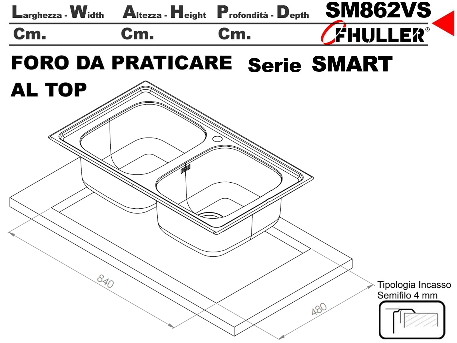 SM862VS ● Lavello Incasso Cucina FHULLER Mod.SMART 86X50 2 Vasche, Spessore Acciaio 7/10 con Vasche Profonde H 18 Realizzato in Acciaio Inox Spazzolato Made in Italy