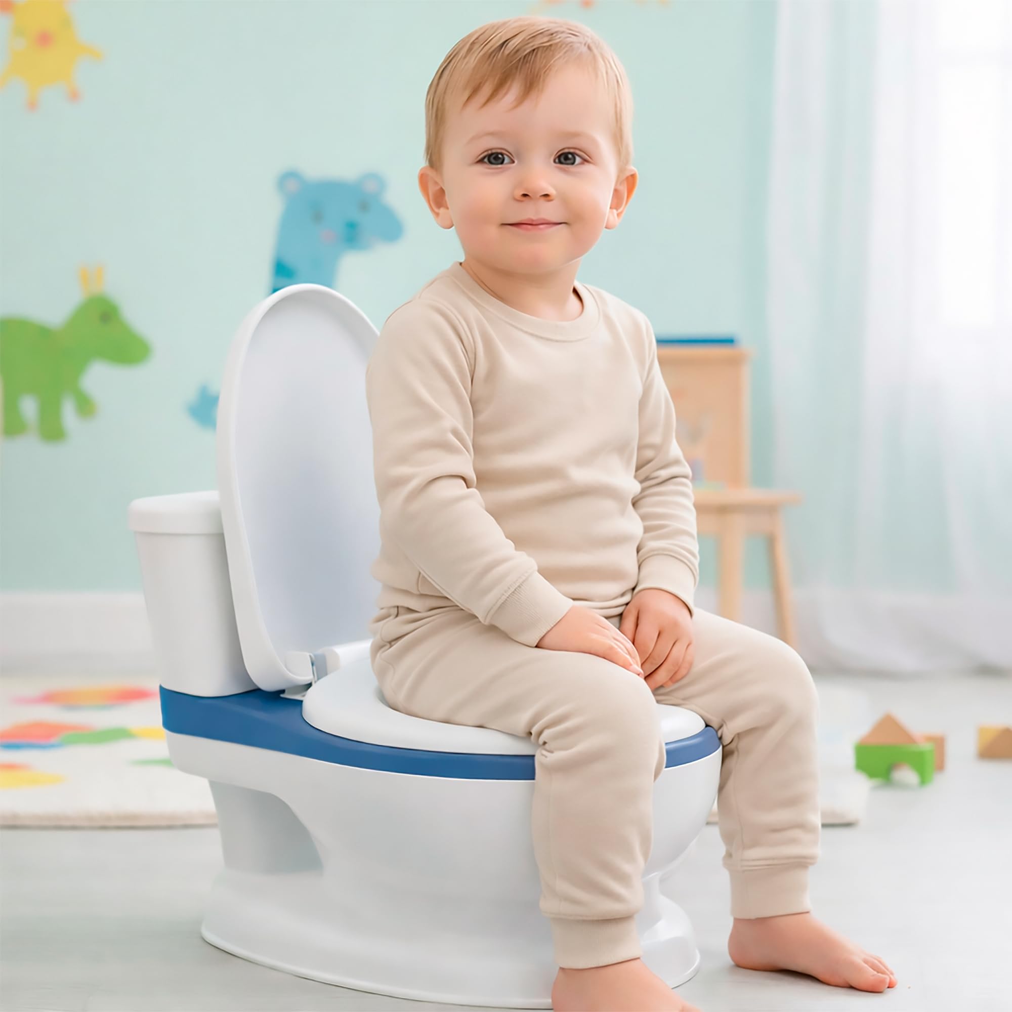 Girox Interaktives Kinder Töpfchen WC - Lerntoilette mit Musik und Soundeffekten - 38 cm x 32 cm x 43 cm - Weiß Blau - Förderung der Selbstständigkeit und hygienisches Töpfchentraining