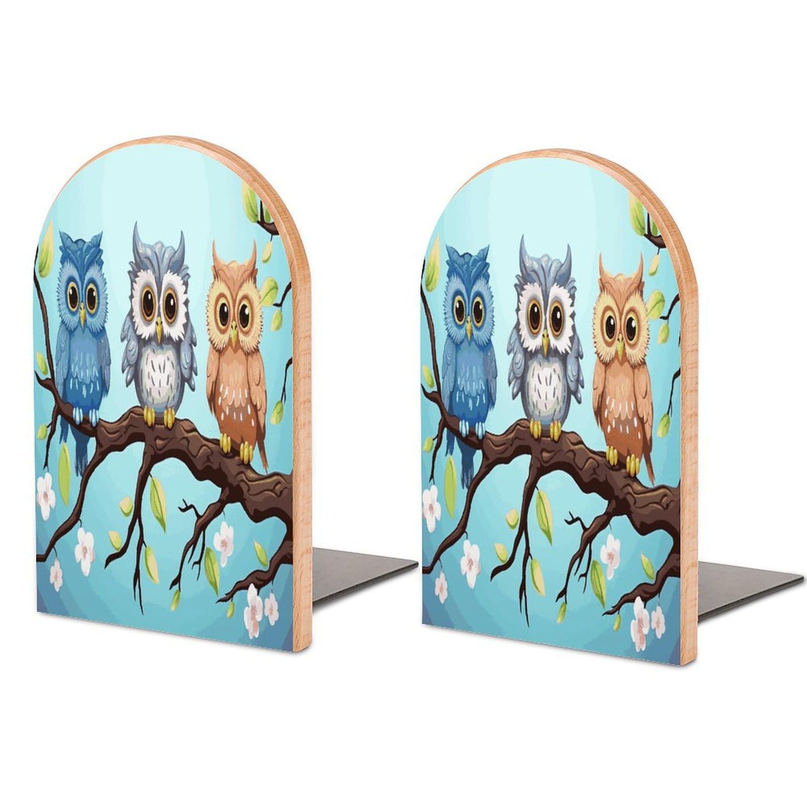 Owls on A Branch Bookend for Shelves Non-Skid Book Holder Modern Heavy Duty Bookend Stopper Metal Base Wood Book End Books Shelf Holder Home Decorative 1pair 5x3.9x3.1