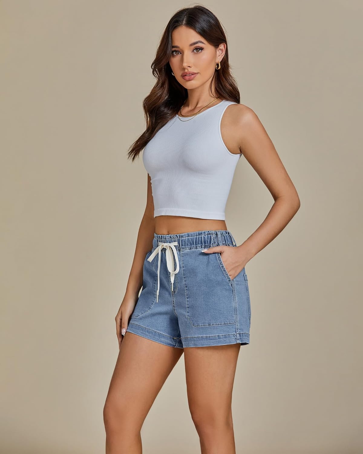 luvamia Jean Shorts for Women High Waisted Pull On Drawstring Elastic Waist Trendy Stretchy Denim Jorts Summer Shorts - Image 5