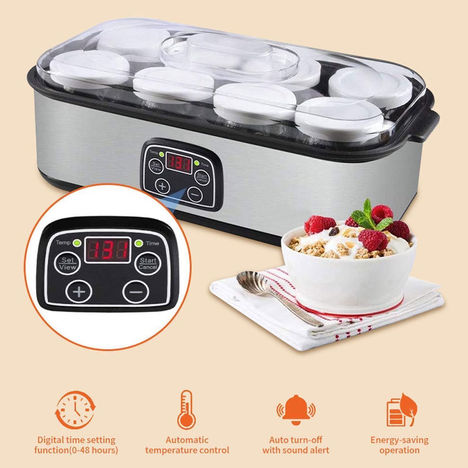 Yogurtera Probiótica con 8 Tarros De Yogur, Yogurtera De 1400 Ml con Control De Temperatura Ajustable, Control De Temporizador Cocina Yogurtera Casera Multifunción