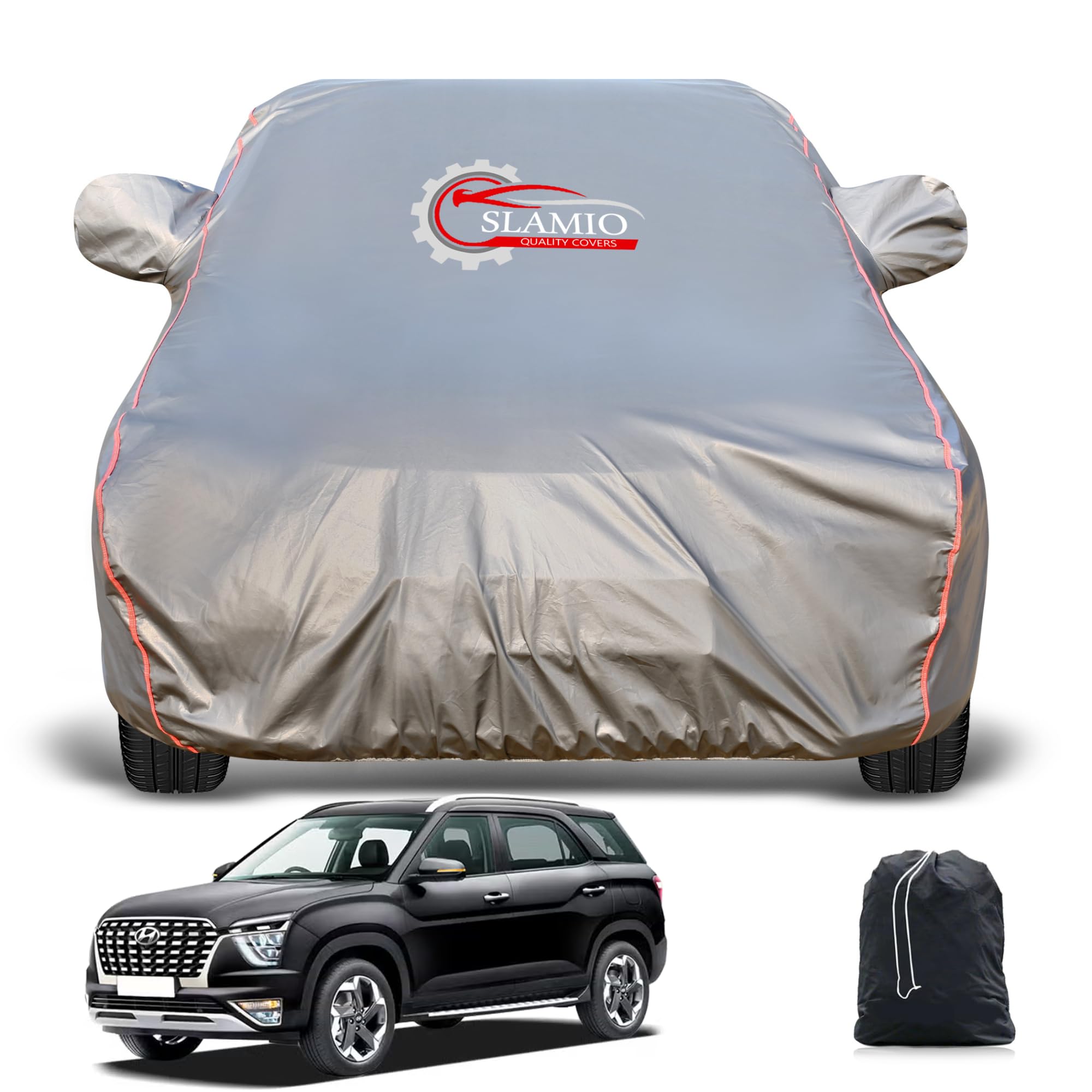 Heavy-Duty Car Body Cover for Hyundai's Alcazar (2021-2026) | Waterproof, Dustproof, UV Protection, Custom Fit, Heavy Belt & Buckle with Mirror & Antenna Pocket | Dark Grey