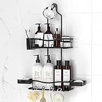 REINHARDT Rustproof Hanging Shower Caddy Over Showerhead - No Drill Anti-Swing Organizer with Soap Holder & Multi Hooks, Black Stainless Steel