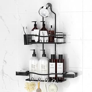 REINHARDT Rustproof Hanging Shower Caddy Over Showerhead - No Drill Anti-Swing Organizer with Soap Holder & Multi Hooks, Black Stainless Steel