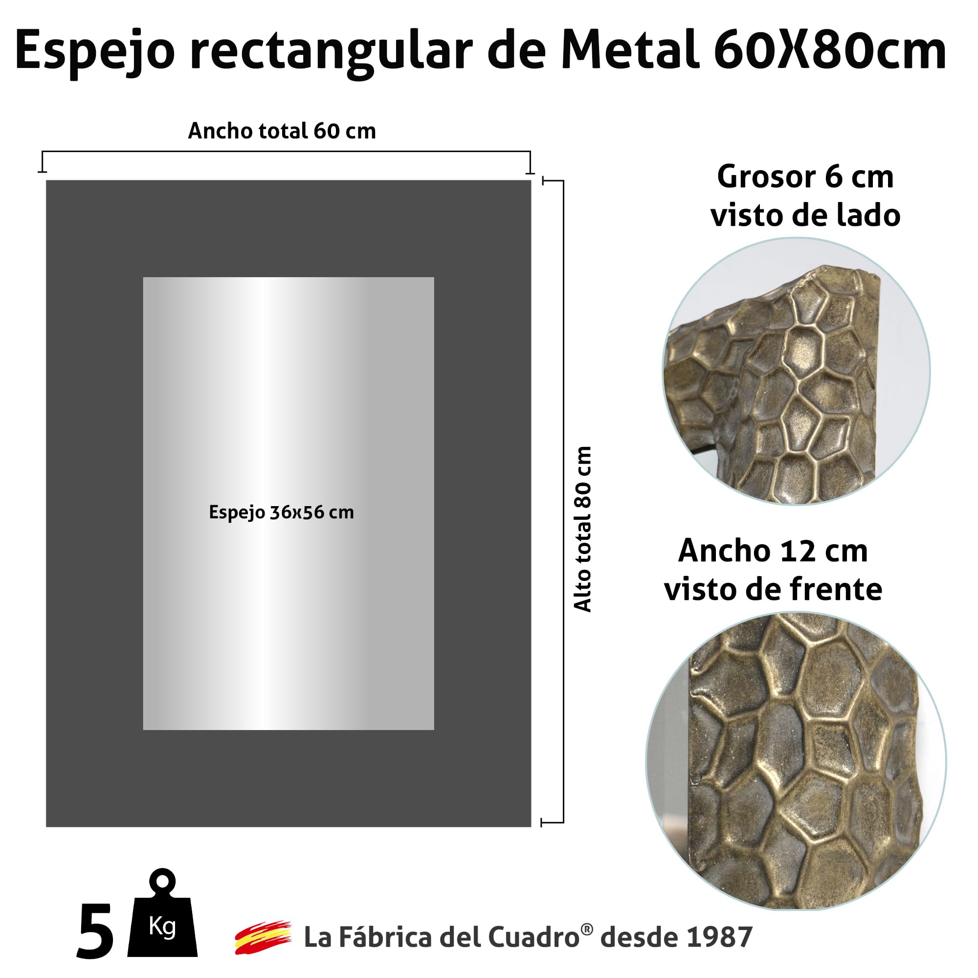 Espejo Rectangular de Metal Oro Patinado Filipinas, 60x80 cm Exterior | Luna Biselada, Para Salón, Baño y Entradita.