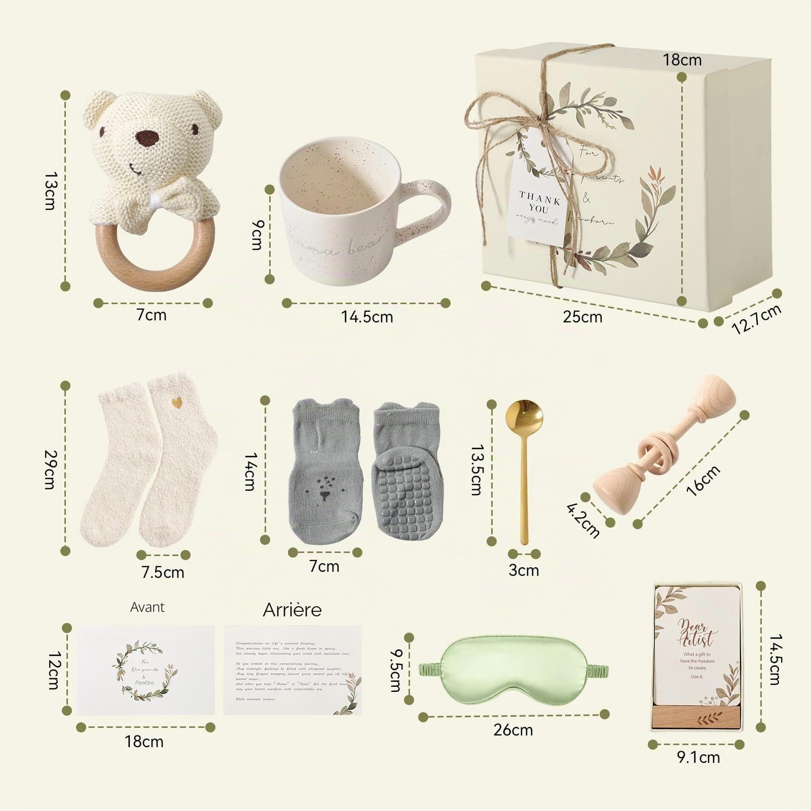 WOODEN TEETHER Cadeau bébé 9 pièces fille garçon, ensemble personnalisé pour futures mamans avec carte maman, masque pour les yeux, tasse, carte de vœux, hochet bébé, gâteau de couches boîte cadeau