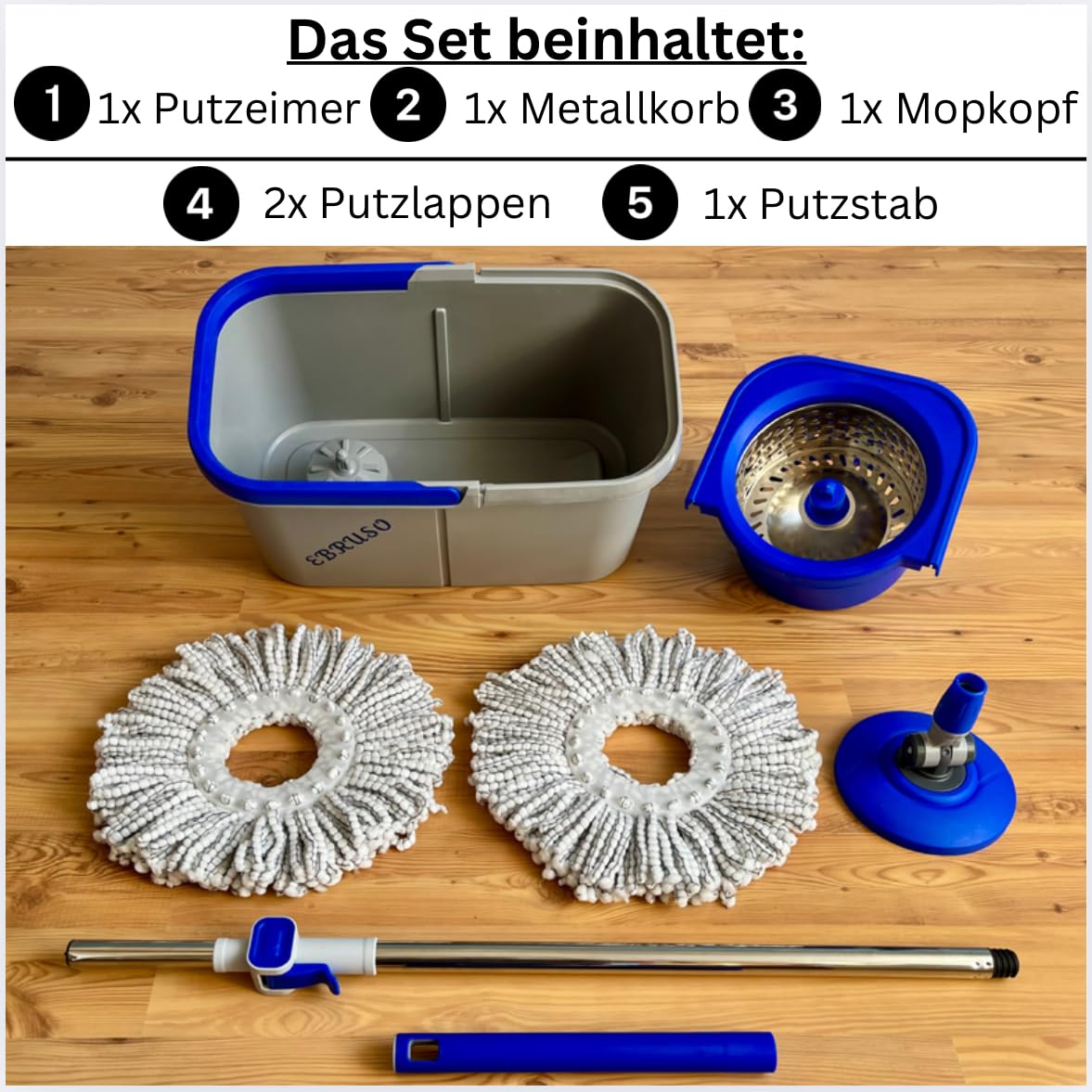 Putzeimer Set – Putzset mit höhenverstellbarem, rotierendem Edelstahl-Stiel (bis 149 cm), 30L Putzeimer & 2 Putzlappen (Ø 30 cm Mop) – Wischmopp Set für Laminat, Fliesen & Parkett (Blau)