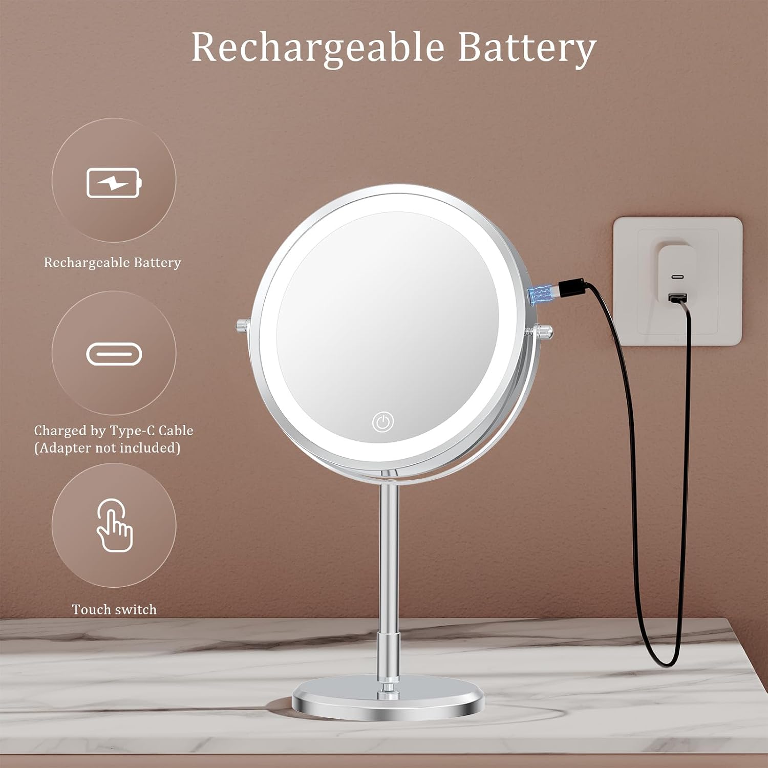 1X/10X Double Sided Travel Makeup Mirror with Lights, Chrome