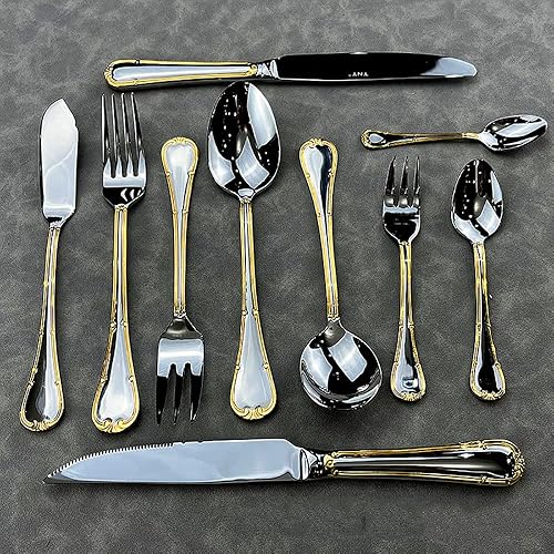 Miniatura 6 de Juego de cubiertos de lujo para 10, cubiertos de acero inoxidable estilo palacio real retro con borde chapado en oro, vajilla de 40 piezas para