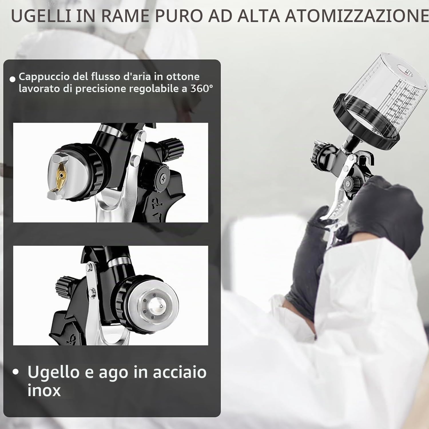 Pistola per Verniciare Pneumatica con 10 Tazze Colorate - Pistola a Spruzzo per Verniciare per Carrozzeria Auto, Kit Completo con 4 Ugelli (1.4/1.7/2.0/2.5mm) e Manometro (Nero)