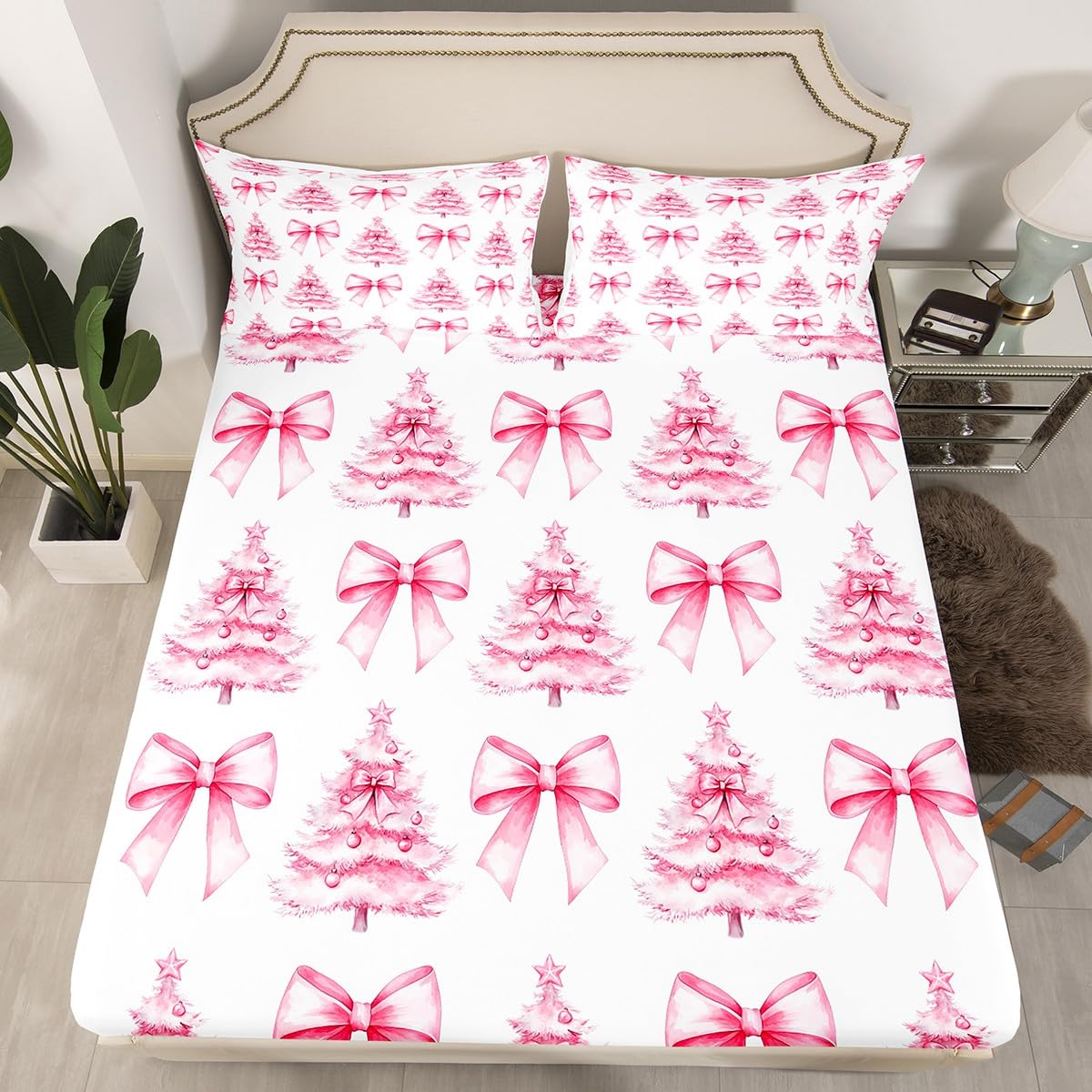 Manfei Pink Bowknot Kids Fitted Sheet Single Size,Christmas Trees Pine Bow Tie Toddler Bedding Set,Girls Women Room Decor,Merry Christmas Happy New Year Xmas Bedding,1 Pillowcase