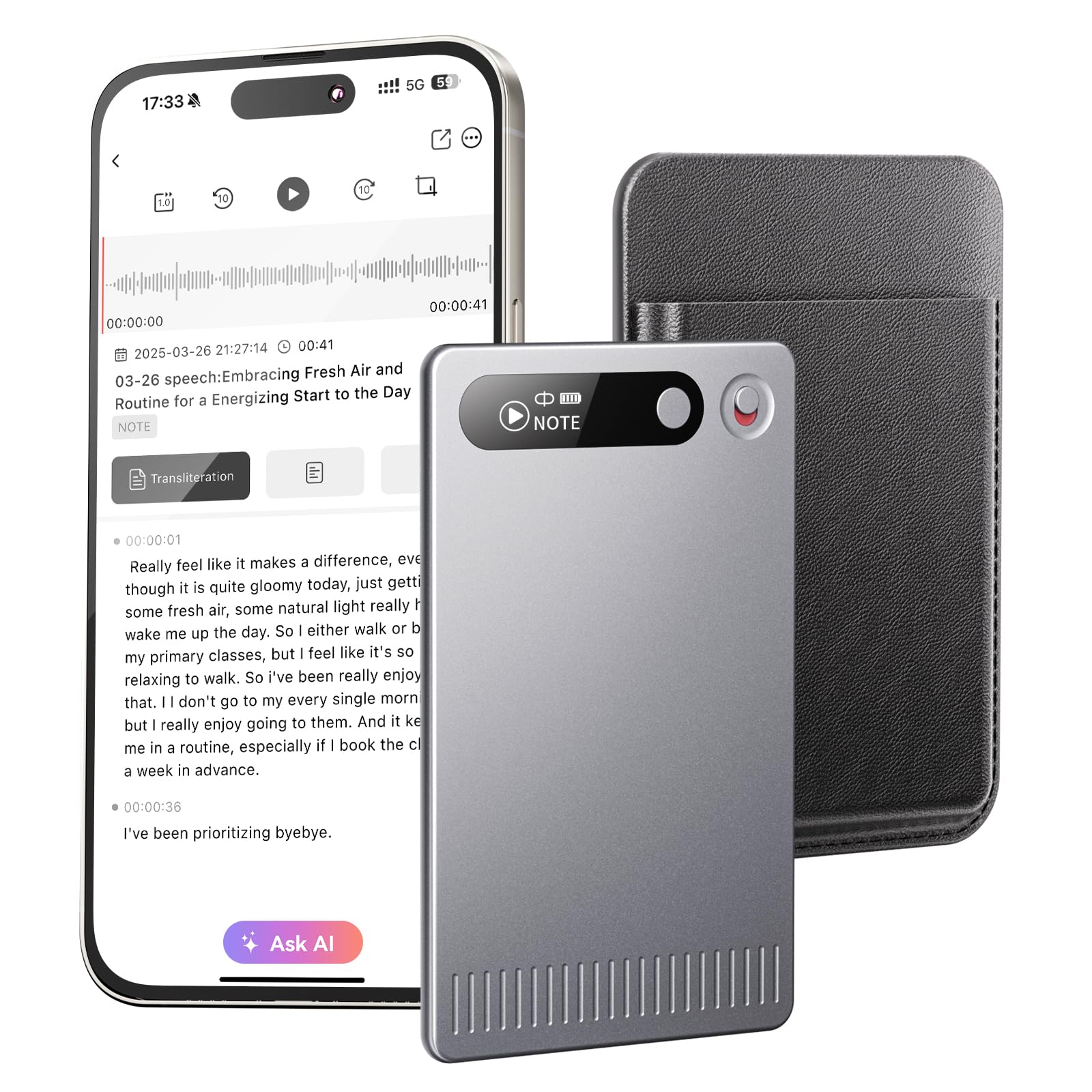 AI Voice Recorder with App Control, Advanced AI Technology for Transcription & Summarization, 64GB Memory, Magnetic Case, Supports 50 Languages - Audio Recorder for Lectures, Meetings, Interviews