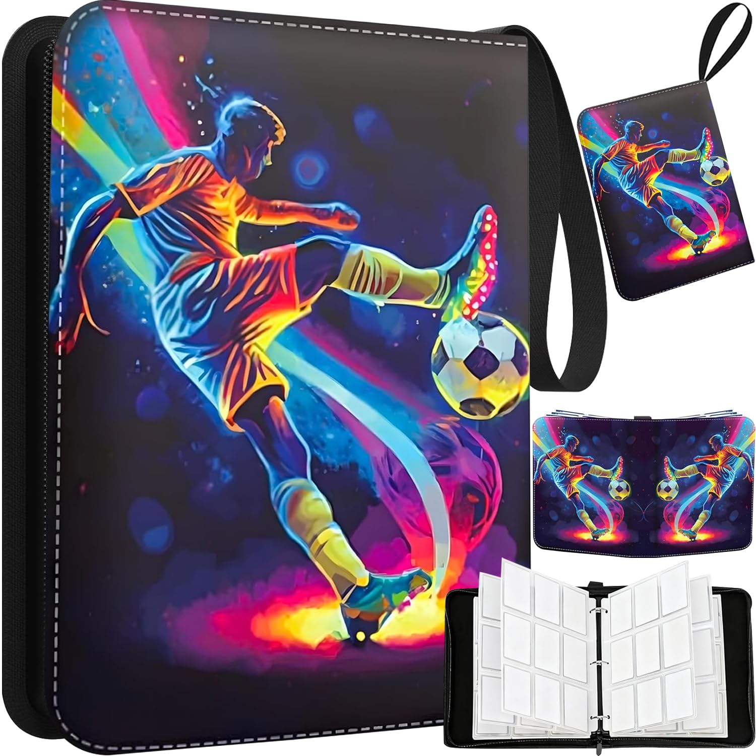 Fussball Karten Sammelalbum,Sammelkarten Album,Fußball Sammelkarten Album,900Fußball Sammelalbum,9Taschen 50 Seiten PU Karten Halter Sammelkartenalben,Sammelkarten mit Reißverschluss und Griffschlaufe