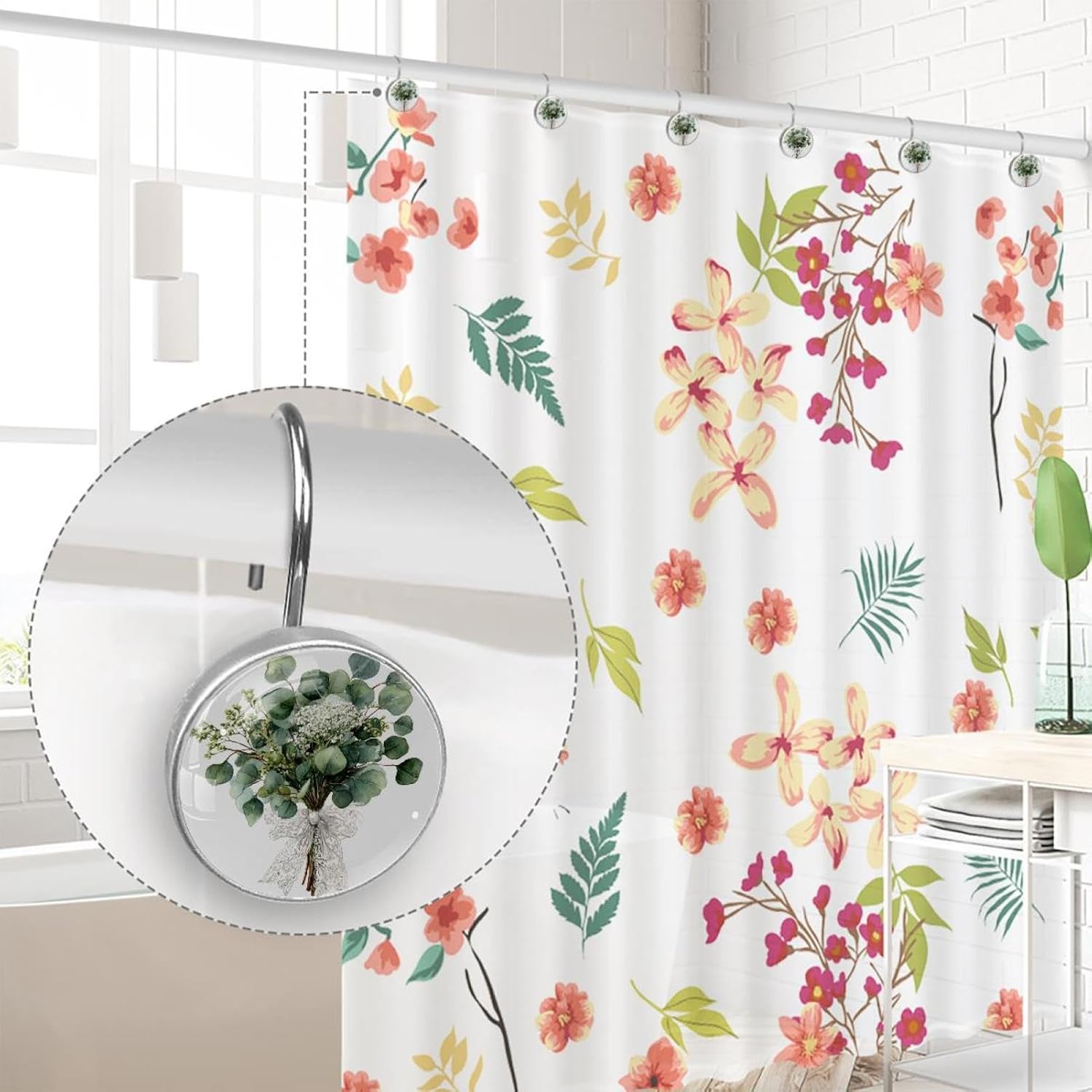 Eucalyptus gypsophila and Pistachio bran (1) Rolling Shower Curtain Hooks,Clear Crystal Glass Art Decorative Stainless Bath Bathroom Set 12 Pcs