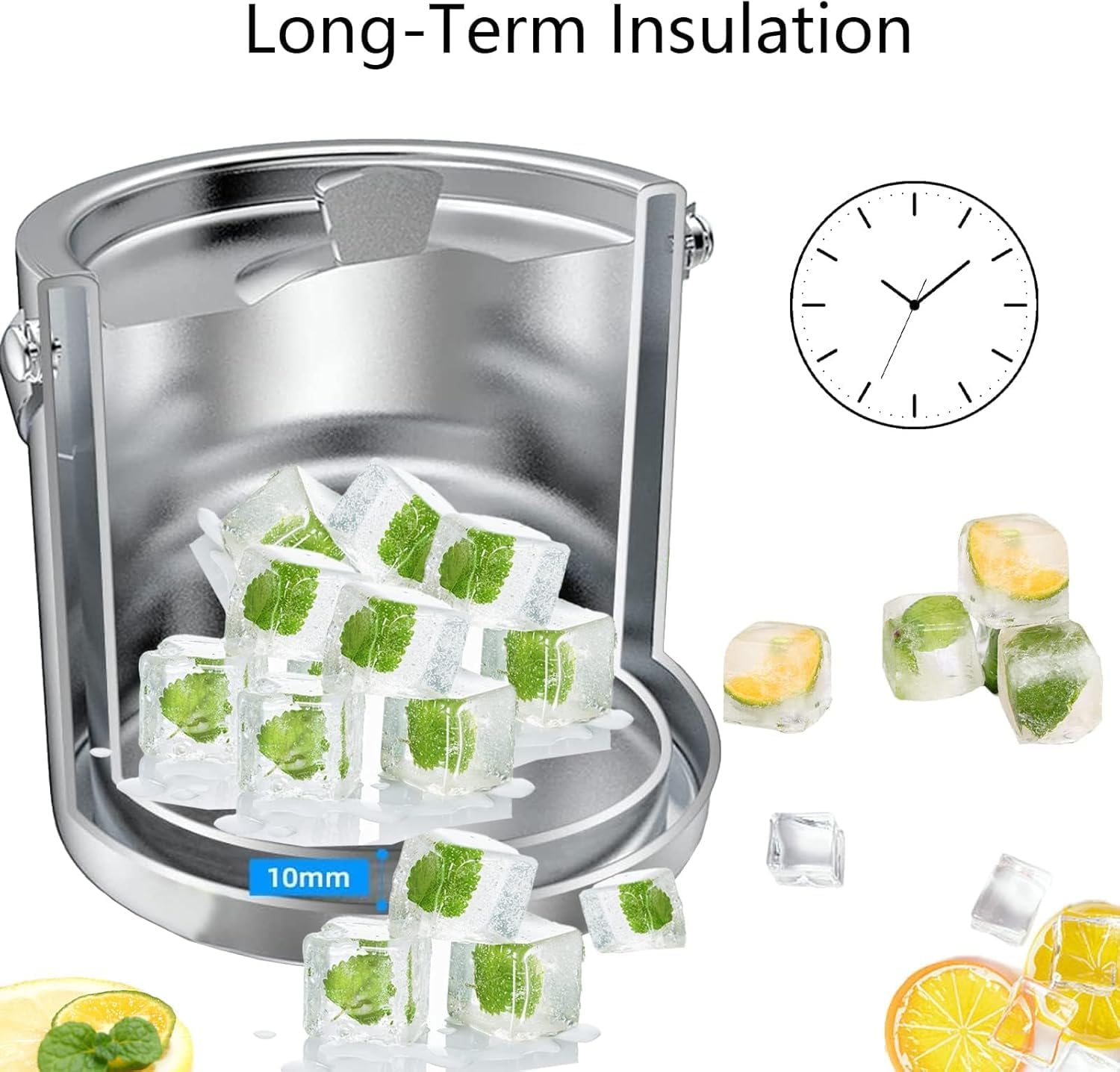 Cubitera de Acero Inoxidable 1.3L Cubitera de Doble Pared para Vino Cubitera para Botella de Champán con Tapa Asa y Pinzas para Fiestas en Bar en Casa