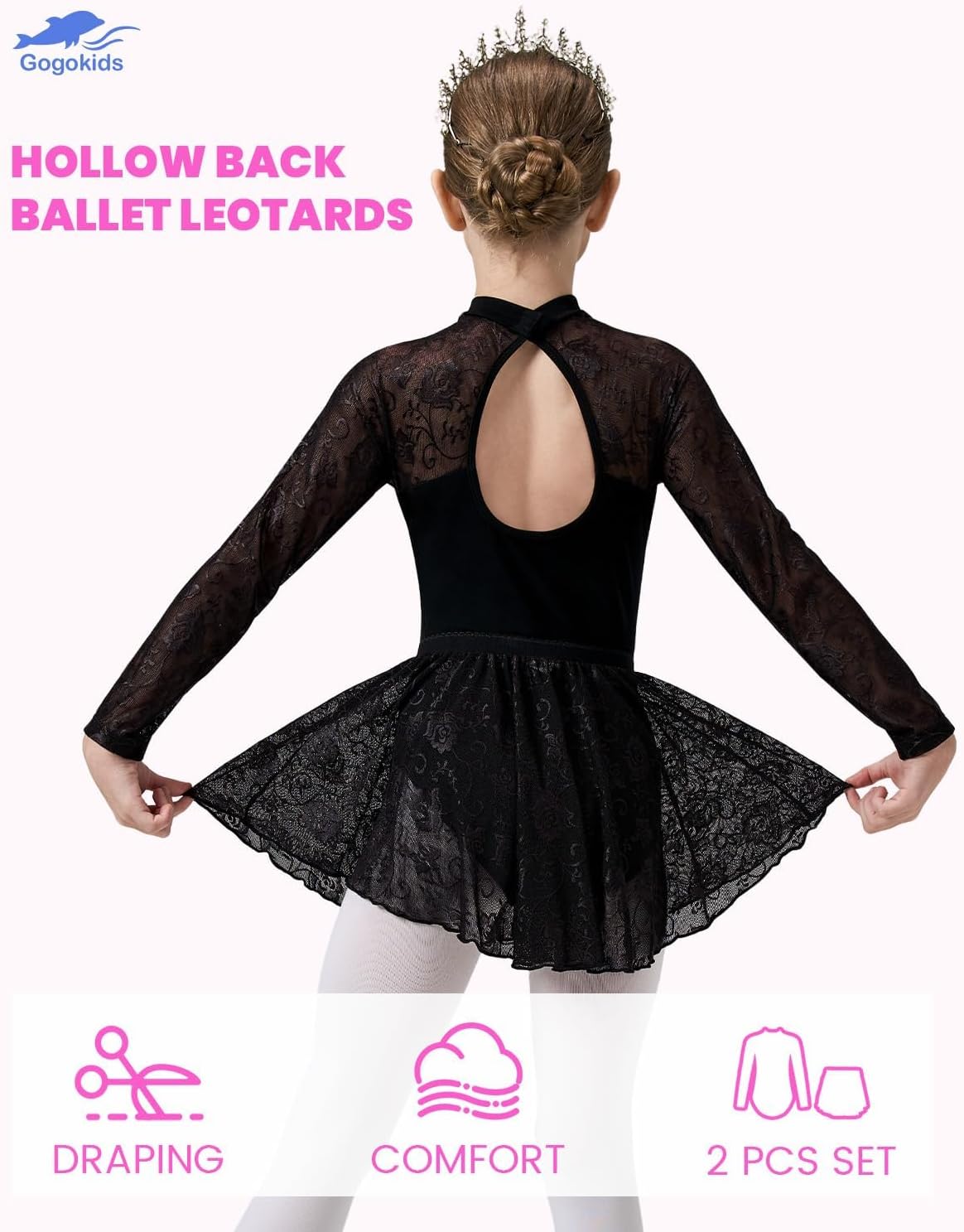 Gogokids Ballet Leotards for Girls Long Sleve Lace Dance Leotards Toddler Dance Dress with Removable Skirt Combo - Image 4