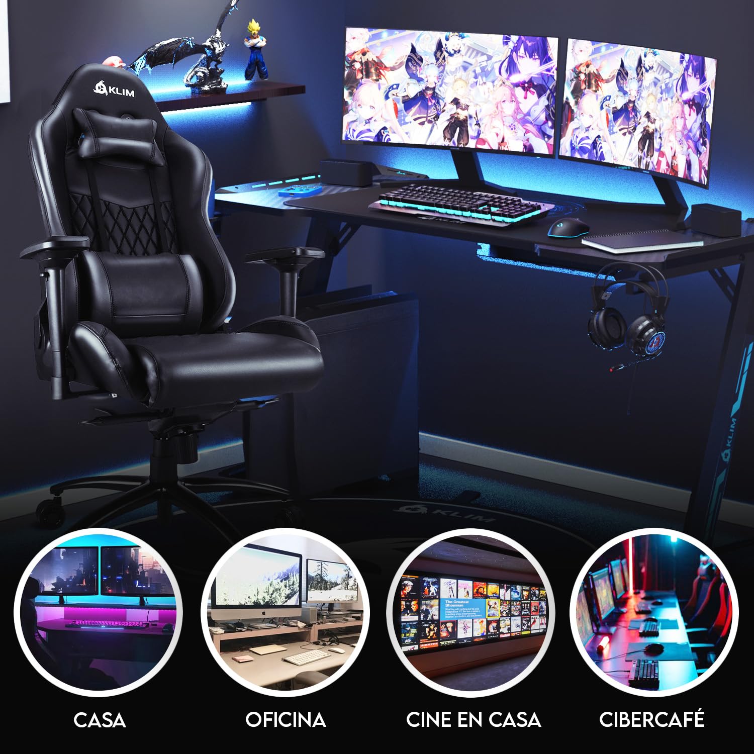 KLIM Esports Silla Gaming Ergonómica + con Soporte Lumbar y Cervical + Reclinable + Silla de Escritorio Ajustable + Piel Sintética y Materiales Premium + Silla Gamer Negra [Nueva VERSIÓN]