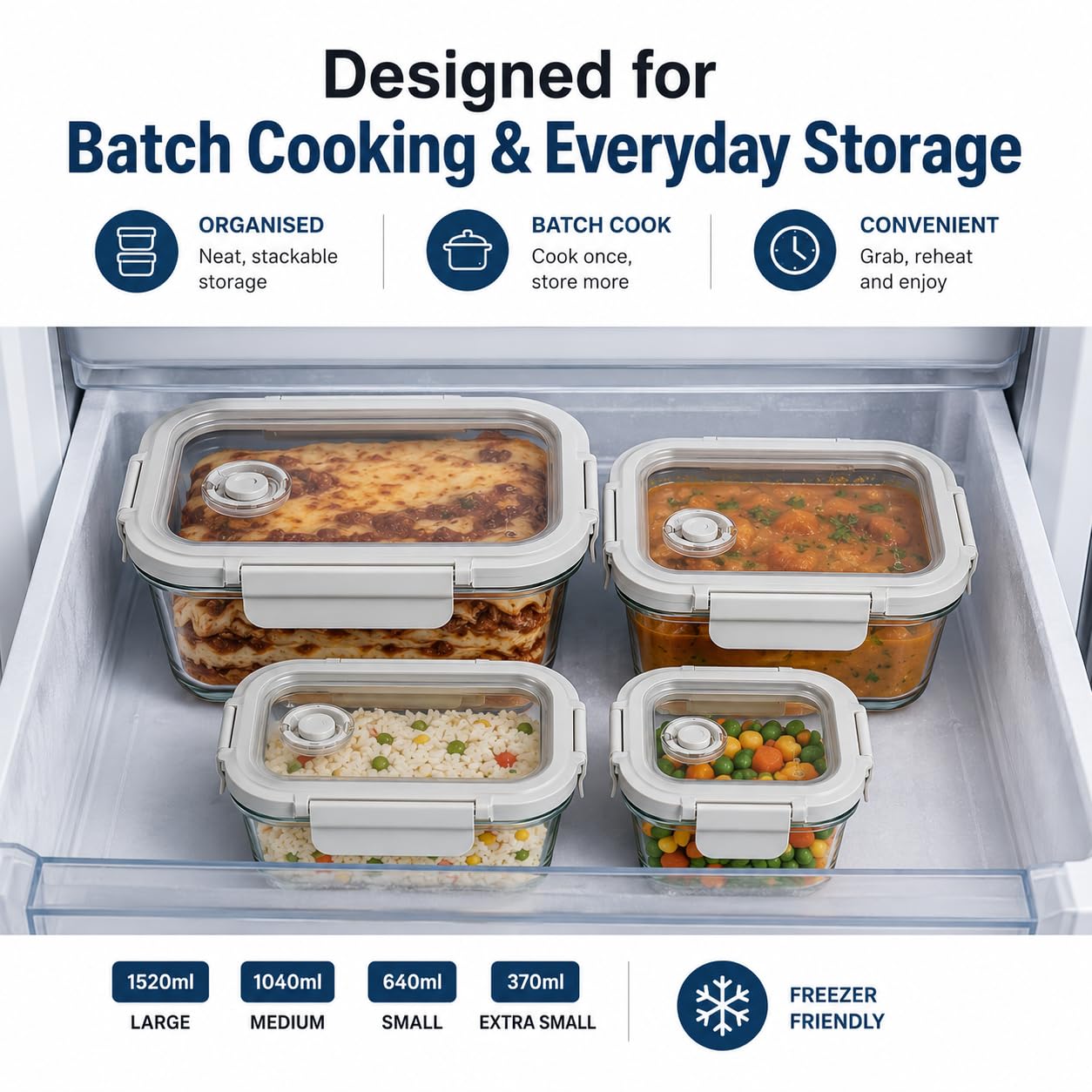 Set di 4 contenitori per alimenti in vetro con coperchio in vetro, adatti per congelatore e forno