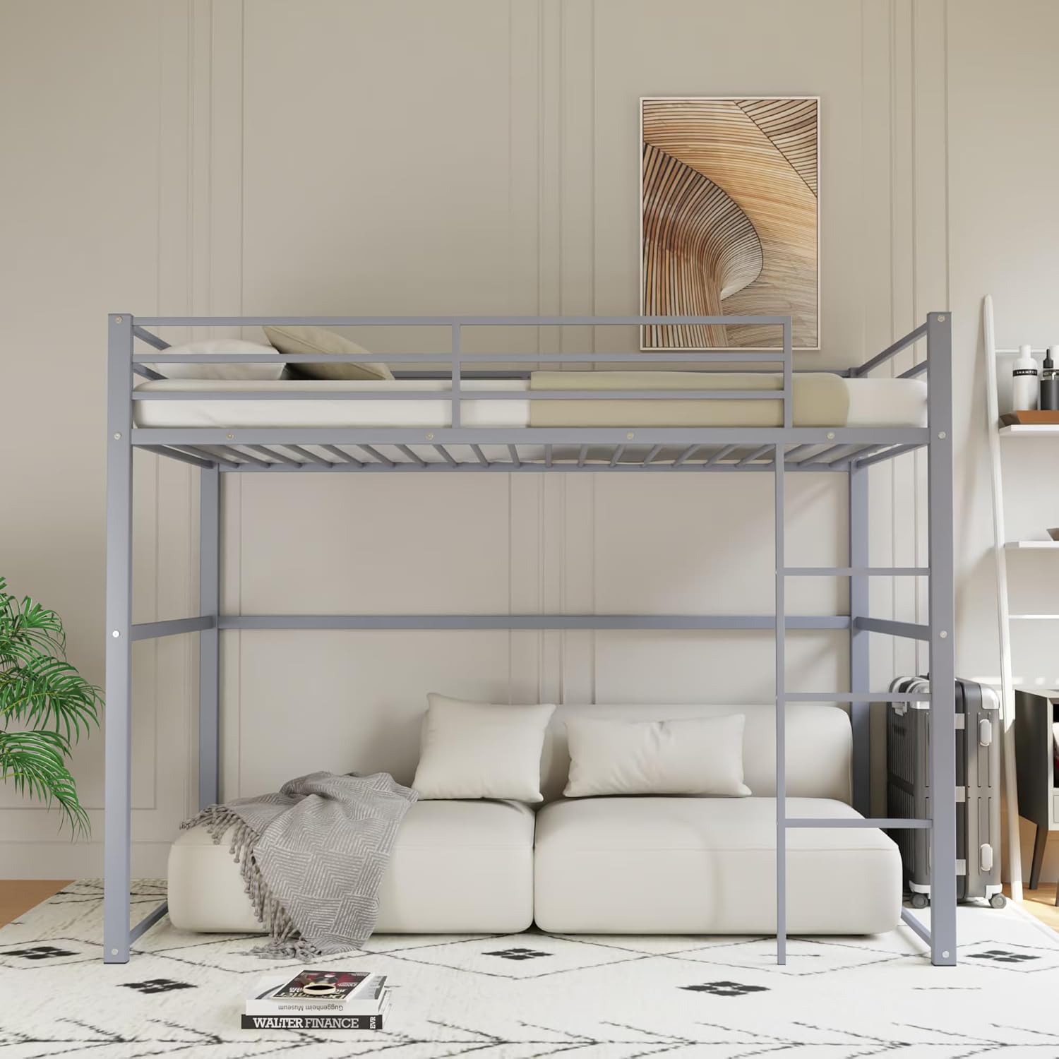 similar to photo of this metal loft bed twin size, loft bed frame with safety guard rails & flat ladder, twin loft bed for kids teens adults, gray