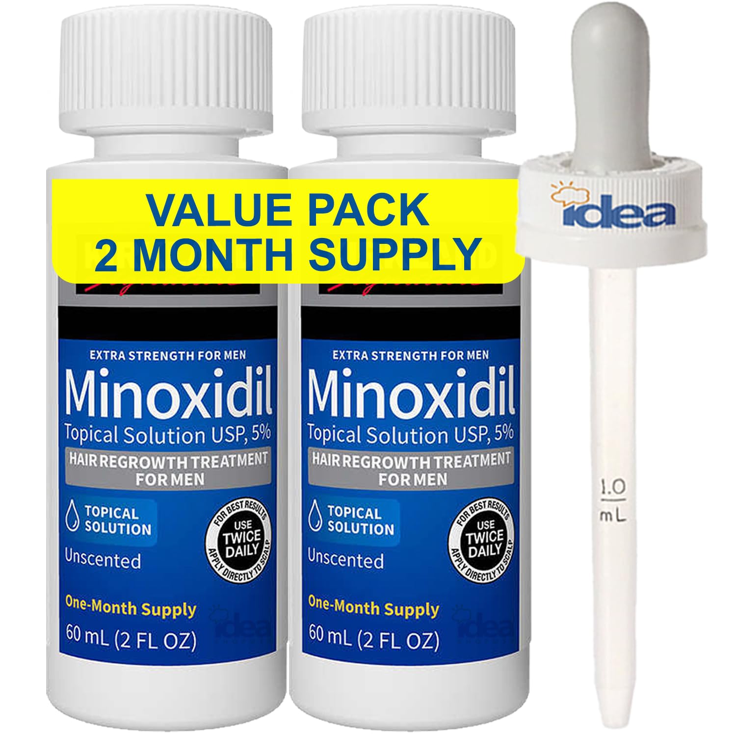 Extra Strength Minoxidil 5% Topical Solution Compatible with Kirkland (2-Month Supply) with Idea Shop USA Dropper | Growth Treatment and Hair Loss Prevention (2 Fl Oz - Pack of 2)