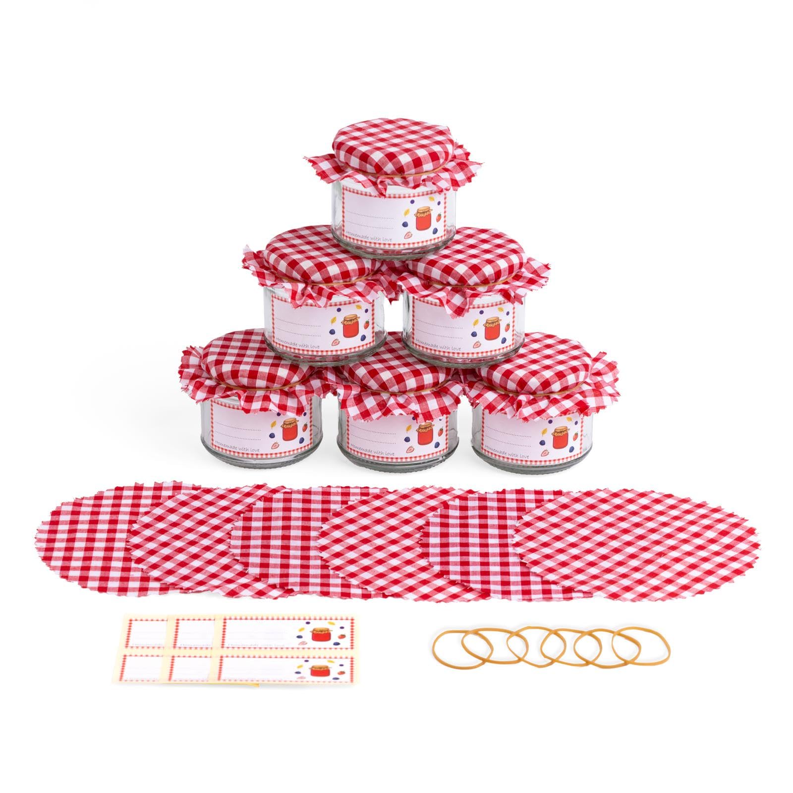 6 pack of Glass Jam Jars with Lids and Doilies, Lables and Rubber bands | 200ml Jars | Airtight for Jams, Preserves, Confits & more | Set of 6 jars | Red Gingham Doilies plus rubber bands plus lables