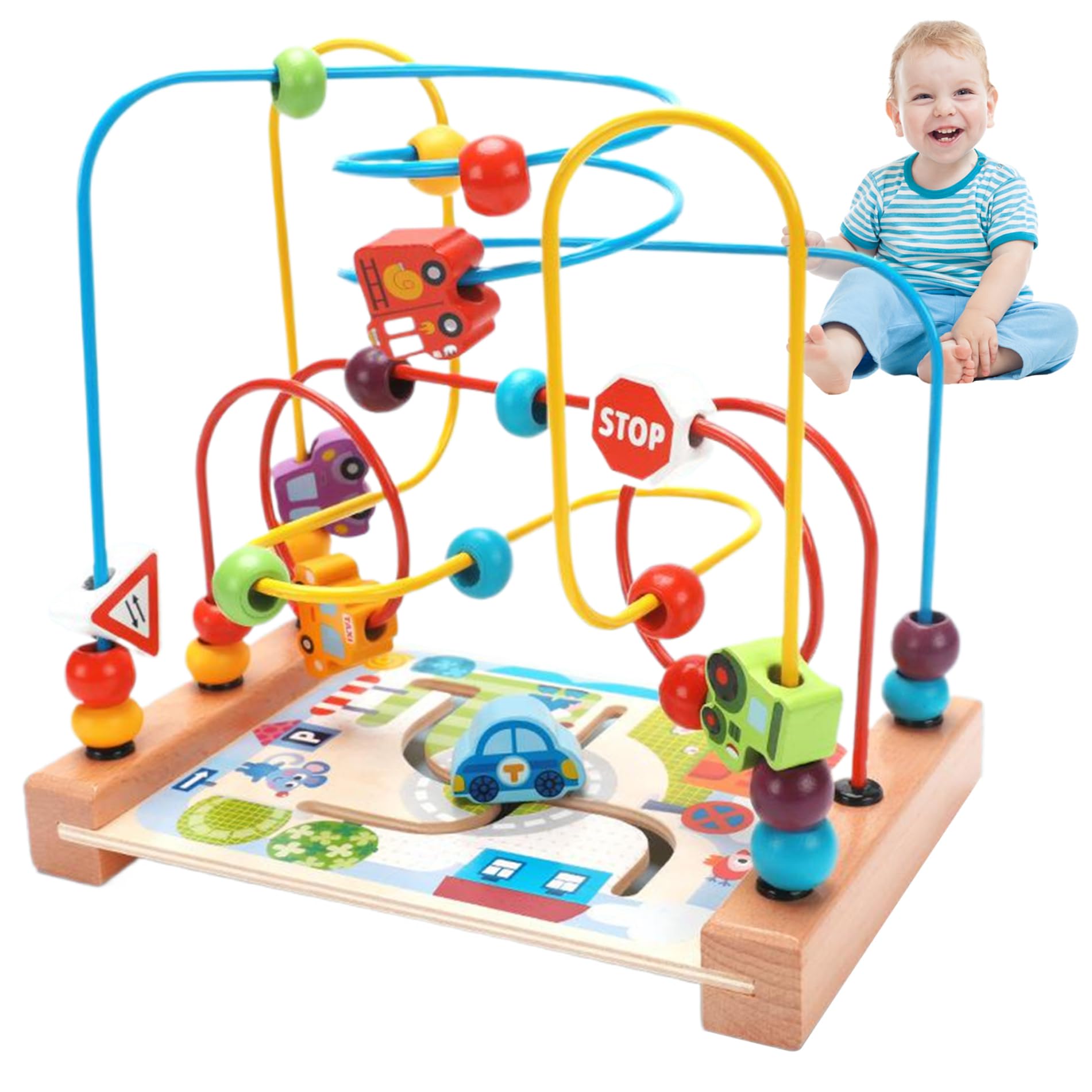 Jorzer Montaña Rusa para niños pequeños Laberinto Educativo de Cuentas de 3 Pistas con Cuentas de vehículo Montaña Rusa fácil de Empujar para Promover el Pensamiento lógico y la Capacidad de resolu..